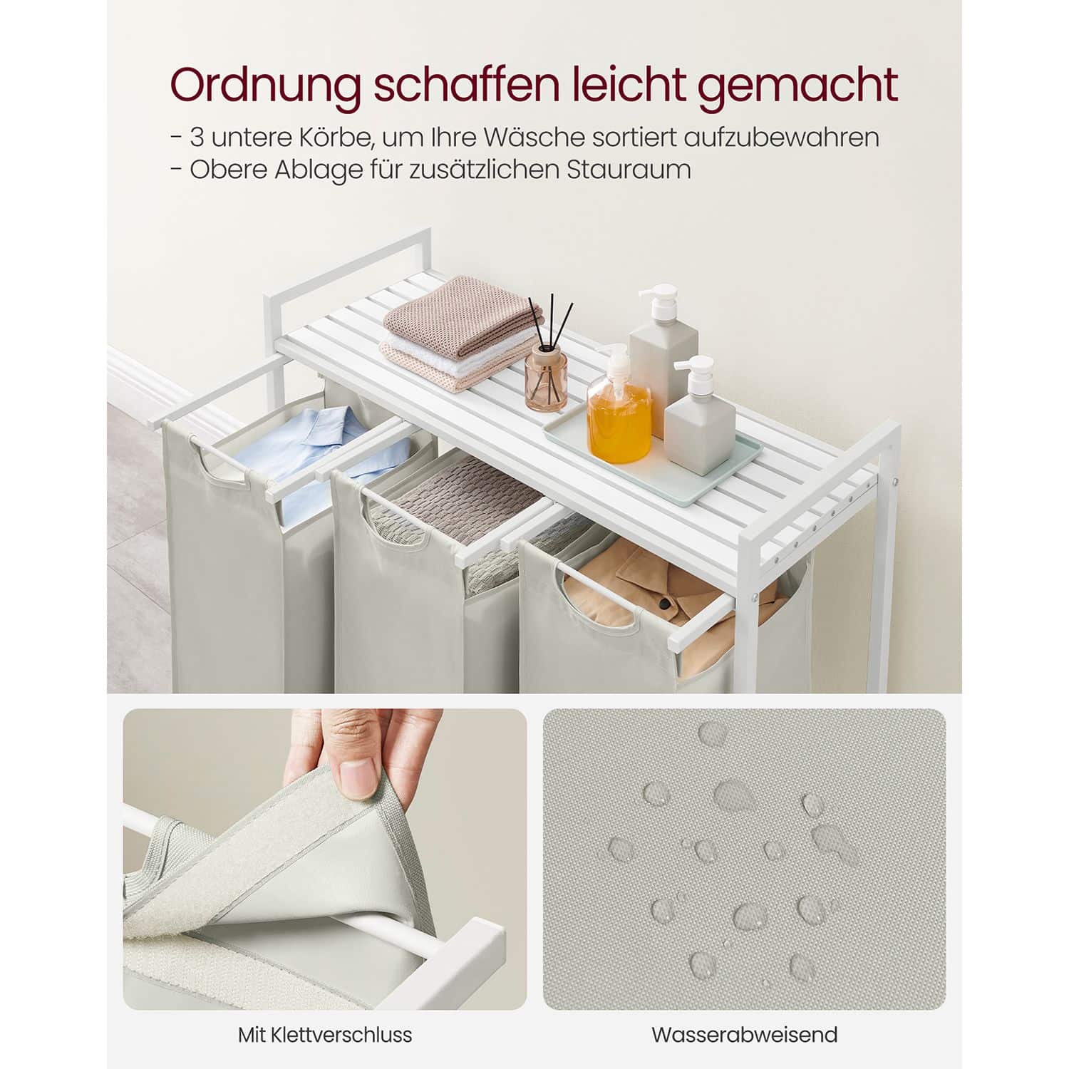 Wäschekorb 3 x 38 L mit 1 Ablage weiß-B34BLH301W01 Wäschekorb 3 x 38 L mit 1 Ablage weiß-B34BLH301W01