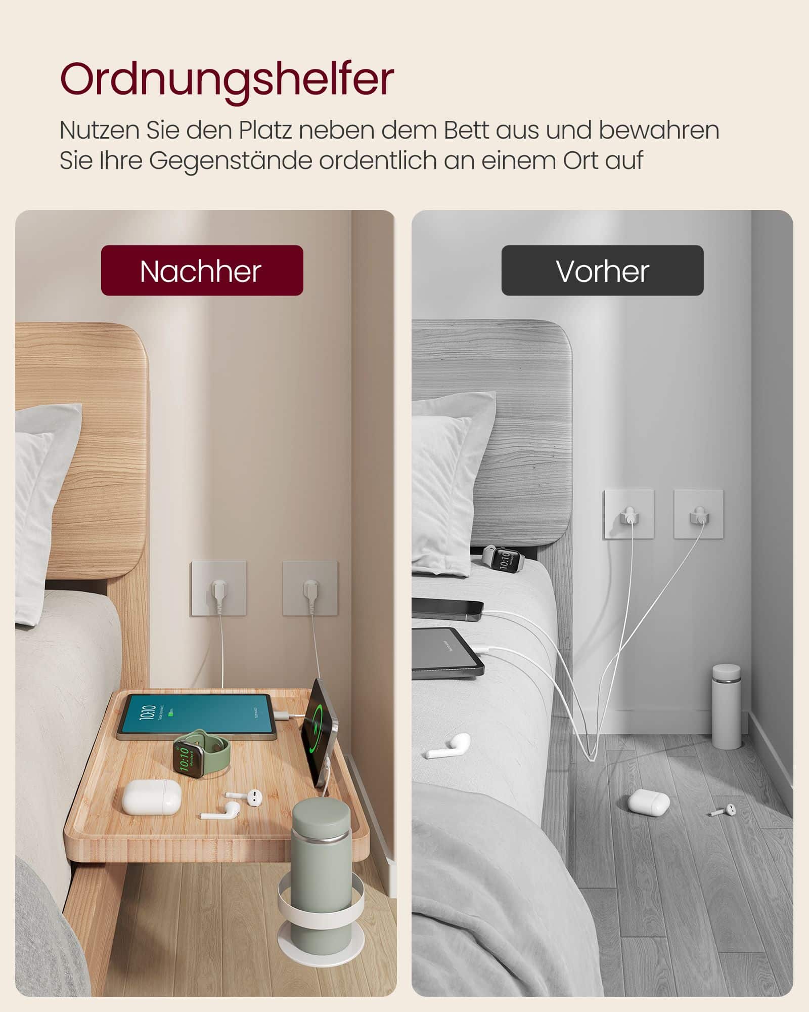 Nachttisch zum Einhängen mit Getränkehalter naturbeige Nachttisch zum Einhängen mit Getränkehalter naturbeige