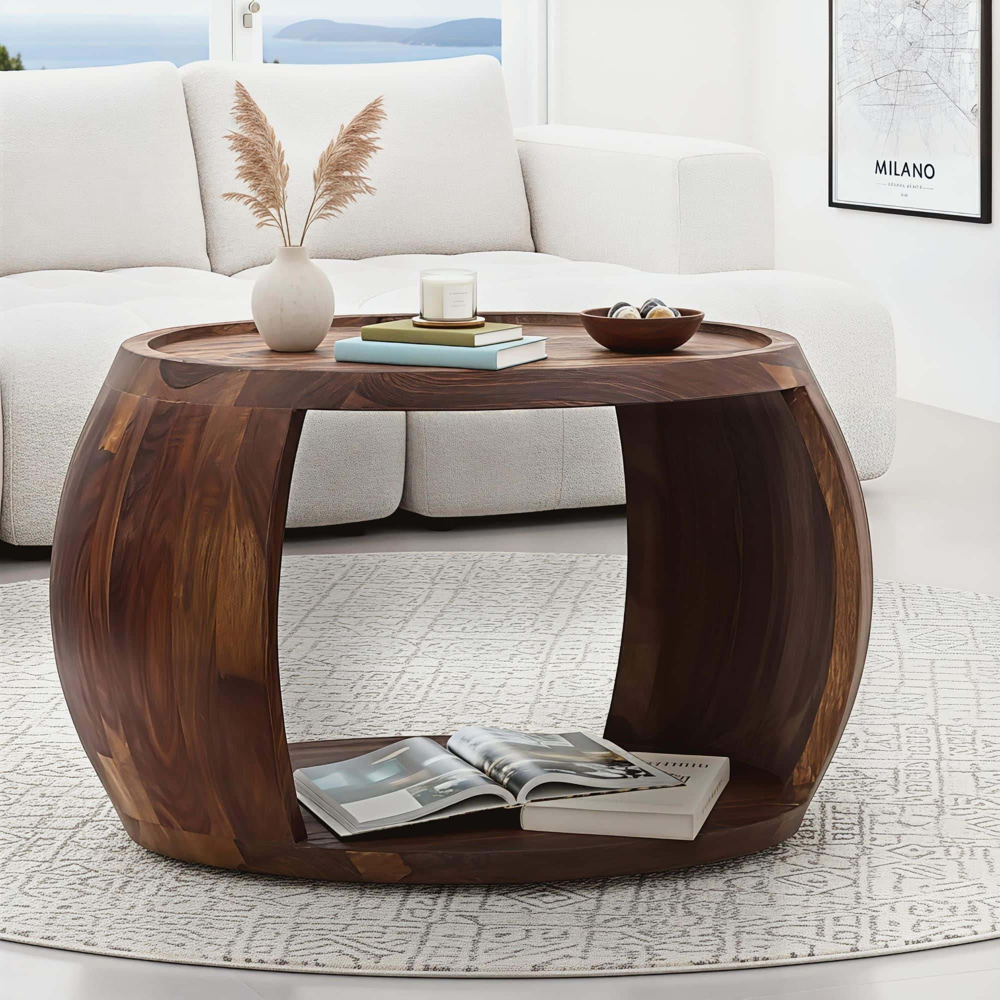 Couchtisch Sheesham Massivholz rund 60 cm x 50 cm x 40 cm · Wohnzimmertisch mit Ablagefach · Handgefertigter Sofatisch aus Echtholz im natürlichen Landhaus Design