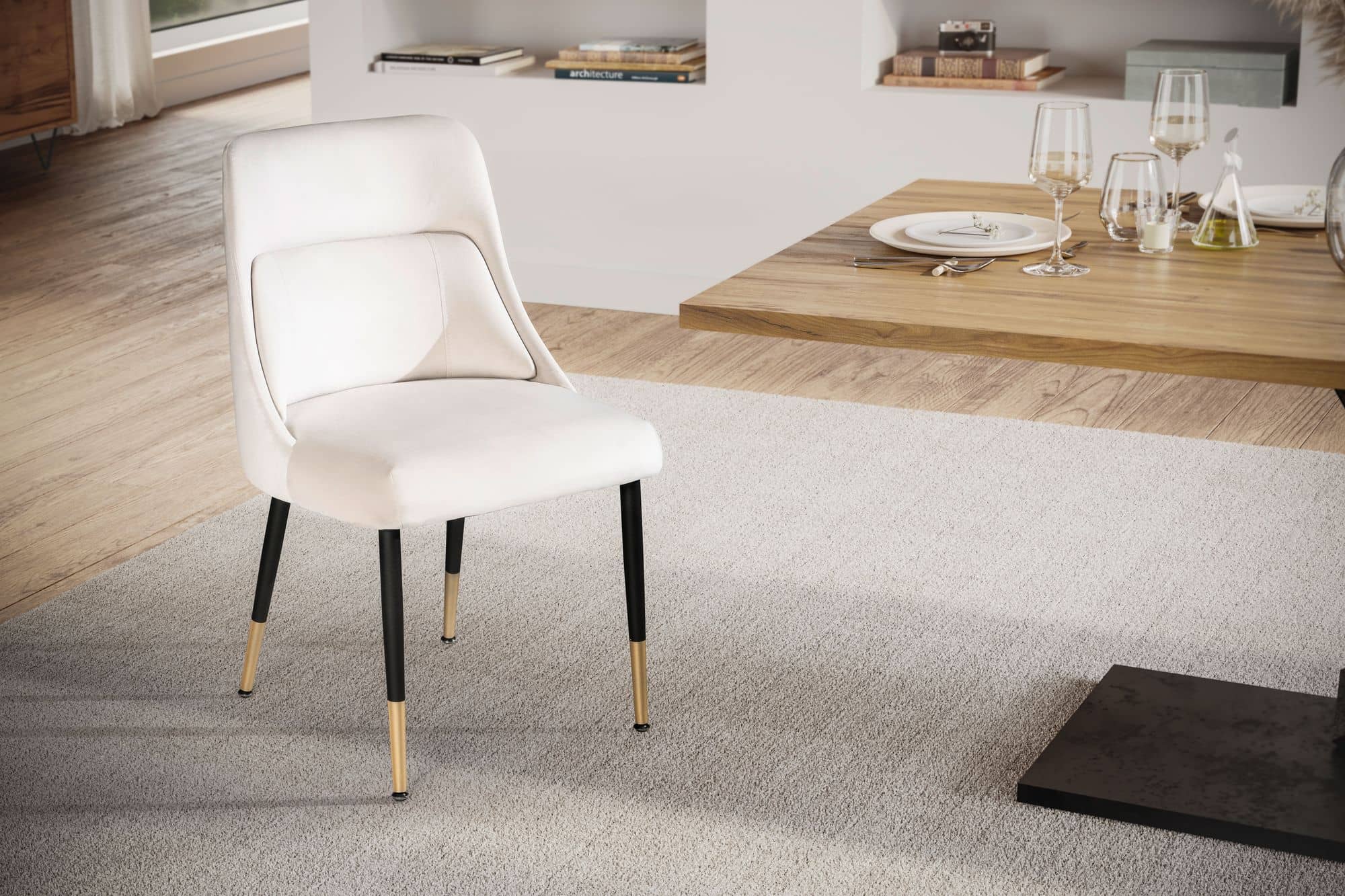 Esszimmerstuhl Samt Beige Küchenstuhl mit schwarzen Beinen Esszimmerstuhl Samt Beige Küchenstuhl mit schwarzen Beinen