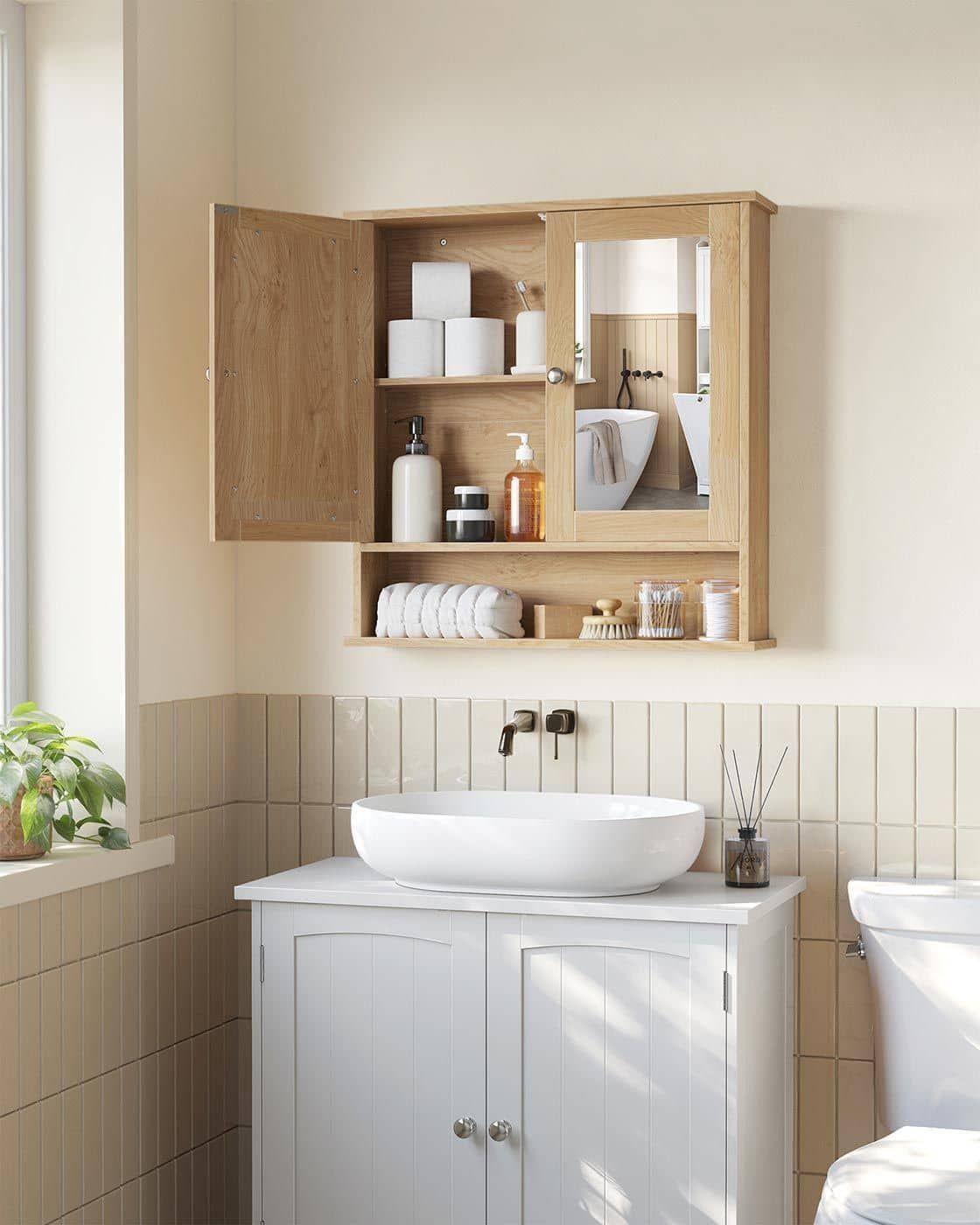 Spiegelschrank mit 2 Spiegeltüren und offenem Fach natureichenfarben Spiegelschrank mit 2 Spiegeltüren und offenem Fach natureichenfarben