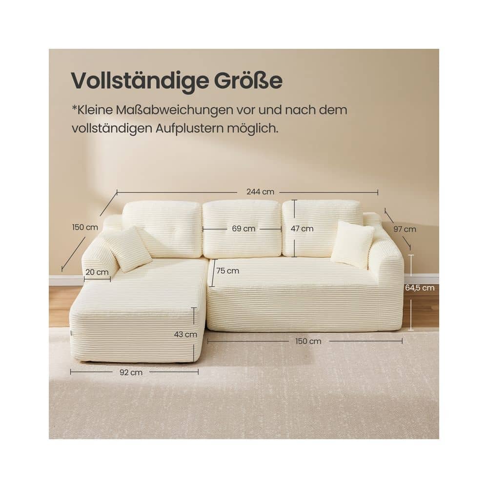 Modulares Ecksofa 244 cm mit Chaiselongue cremeweiß