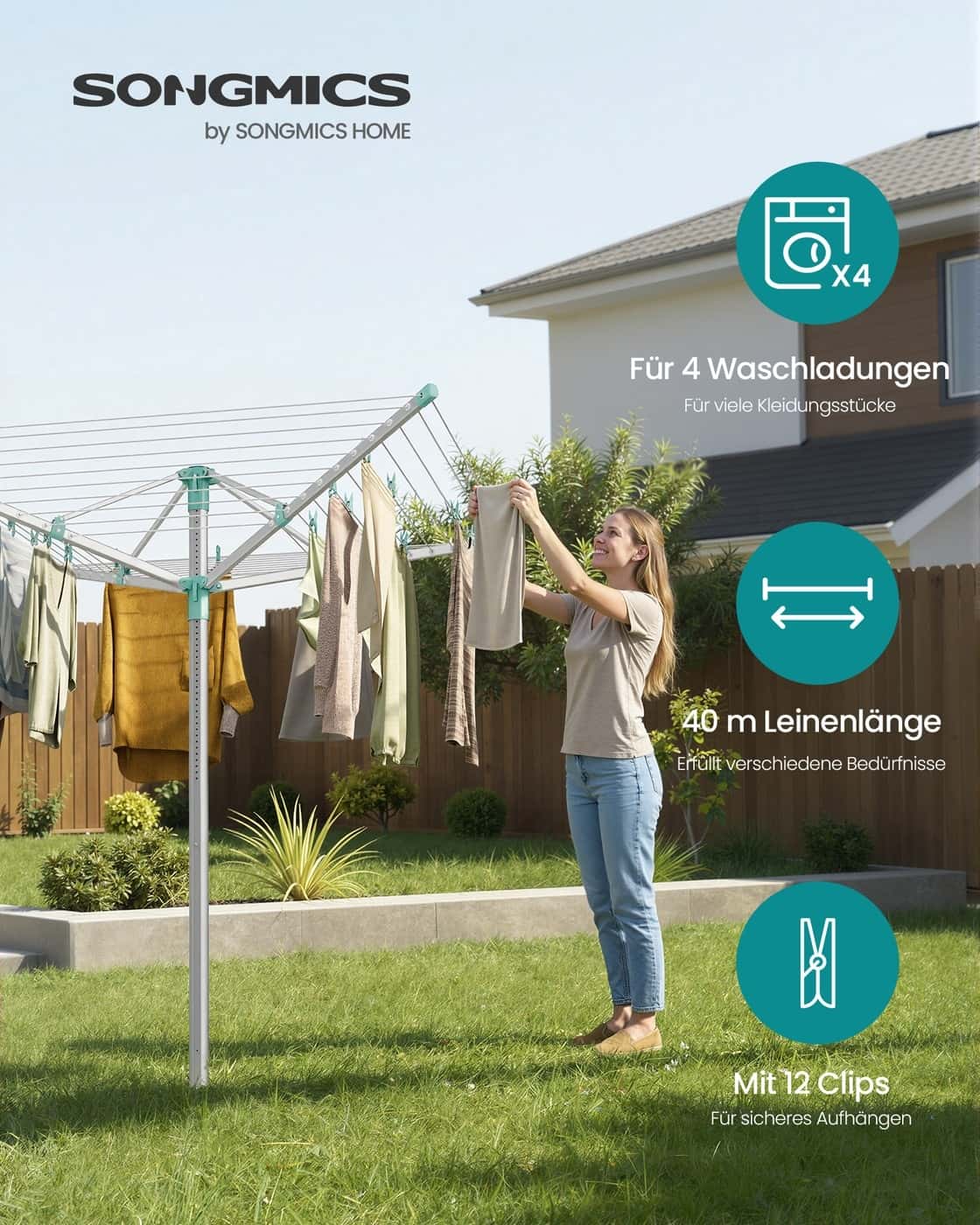 Wäscheständer höhenverstellbar mit Bodenanker für 4 Waschladungen Silbern-grün Wäscheständer höhenverstellbar mit Bodenanker für 4 Waschladungen Silbern-grün