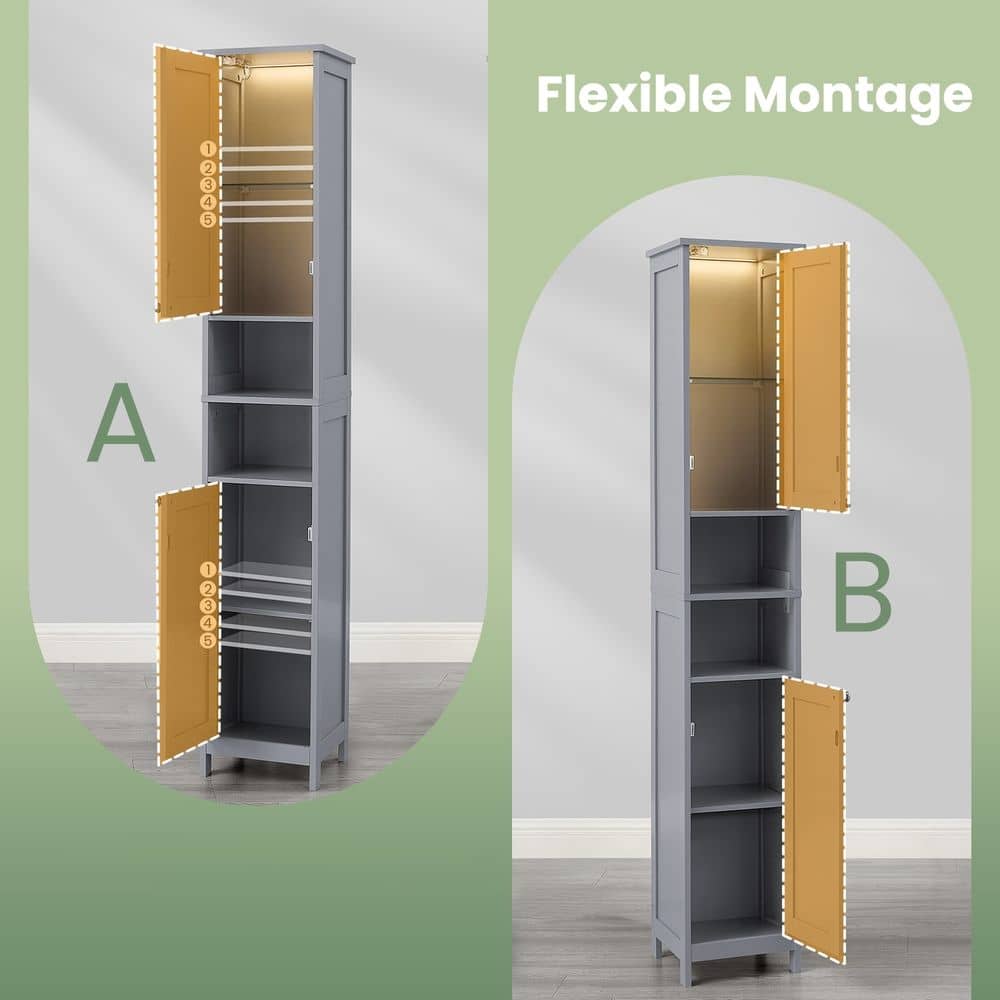 Hochschrank für Badezimmer mit Beleuchtung, verstellbaren Einlegeböden, offenen Fächern