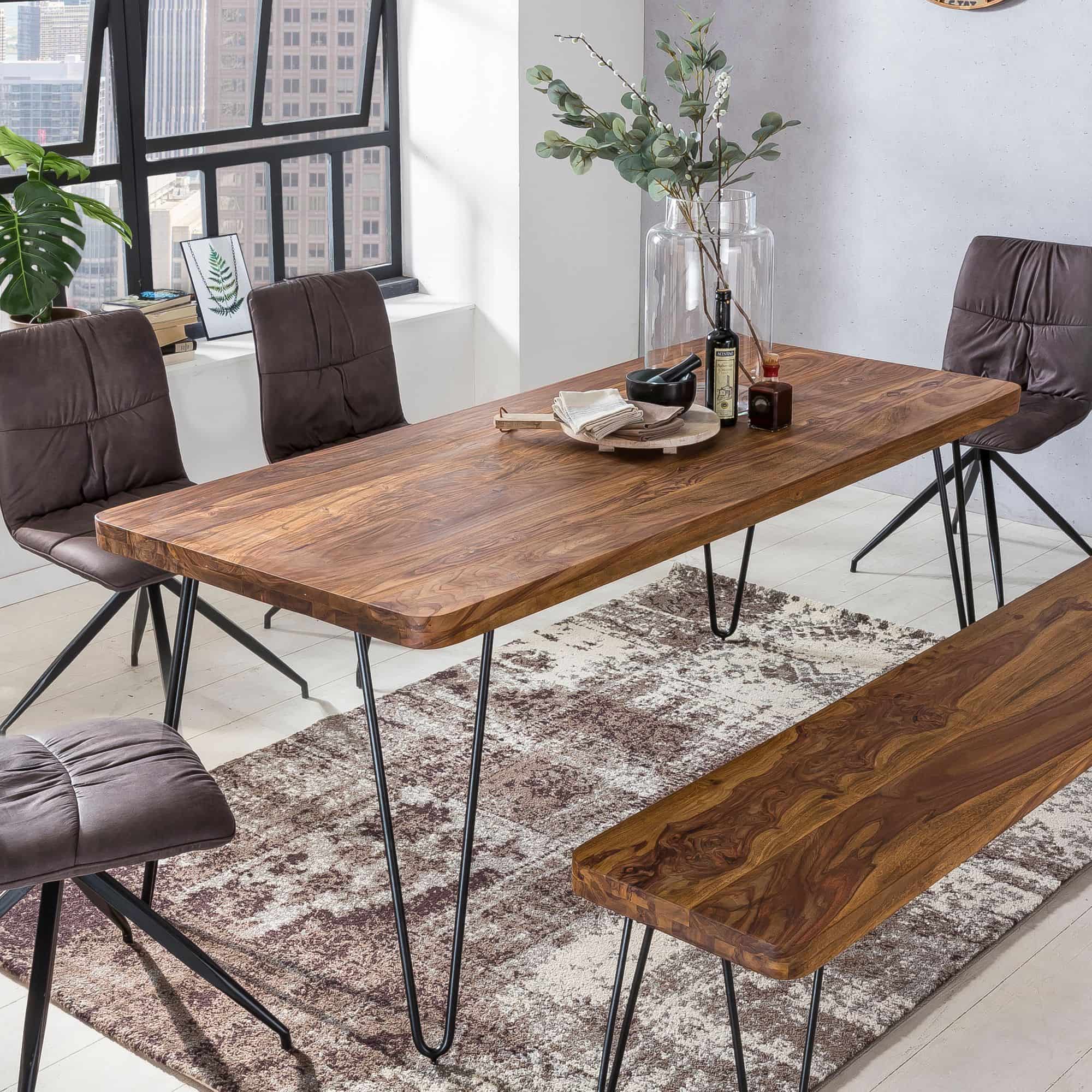 38495-WOHNLING-Esstisch-BAGLI-Massivholz-Sheesham-2FzOyEyHJAJr6Y Esstisch BAGLI Massivholz Sheesham 200 x 80 x 76 cm Esszimmer-Tisch Küchentisch modern Landhaus-Stil Holztisch mit Metallbeinen dunkel-braun Natur-Produkt Massivholzmöbel