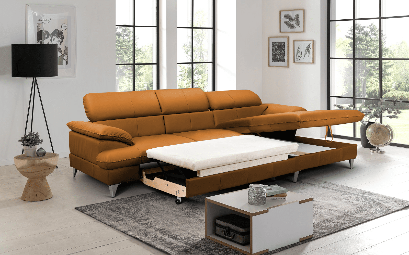 David Ecksofa Echtleder – Schlafsofa mit Bettkasten