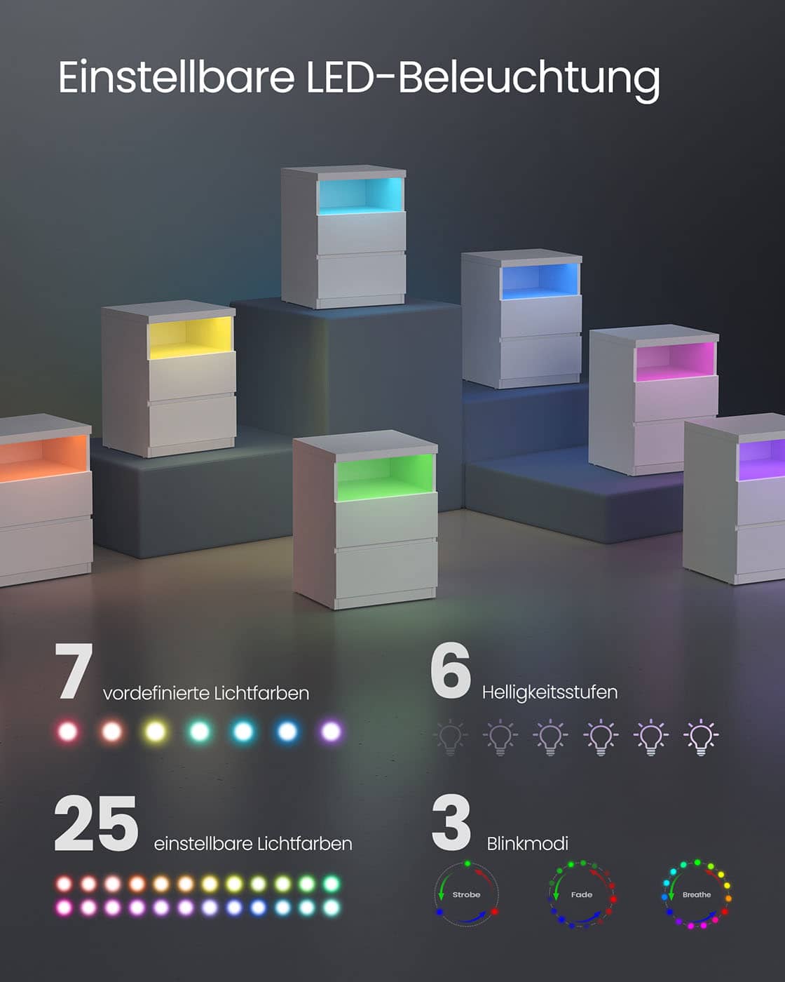 Nachttisch 2er Set mit verstellbarer LED-Beleuchtung wolkenweiß Nachttisch 2er Set mit verstellbarer LED-Beleuchtung wolkenweiß