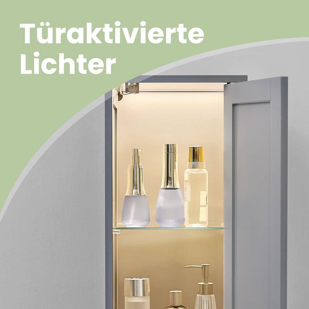 Hochschrank für Badezimmer mit Beleuchtung, verstellbaren Einlegeböden, offenen Fächern