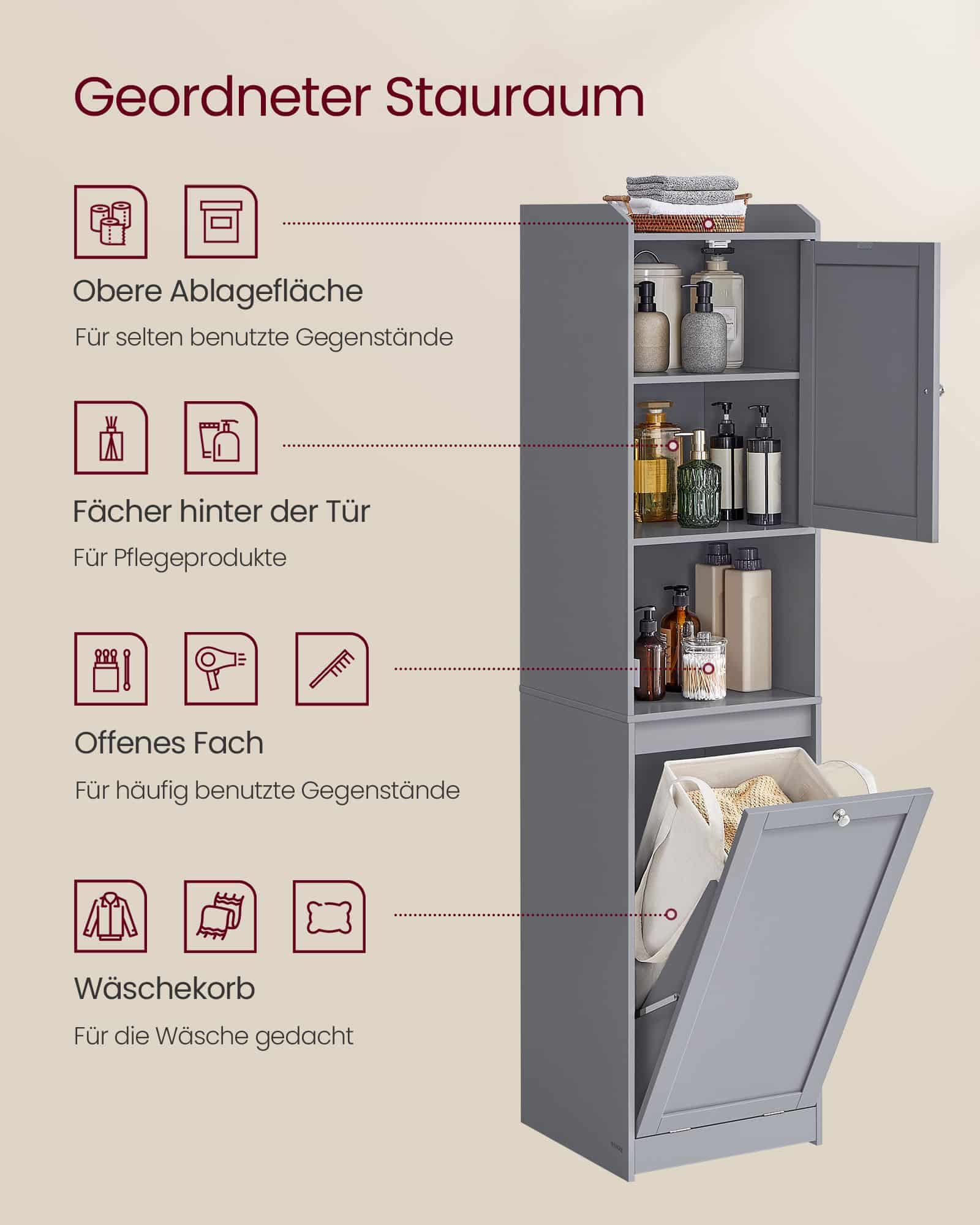 Badezimmerschrank mit Wäschekorb und Griffen taubengrau Badezimmerschrank mit Wäschekorb und Griffen taubengrau