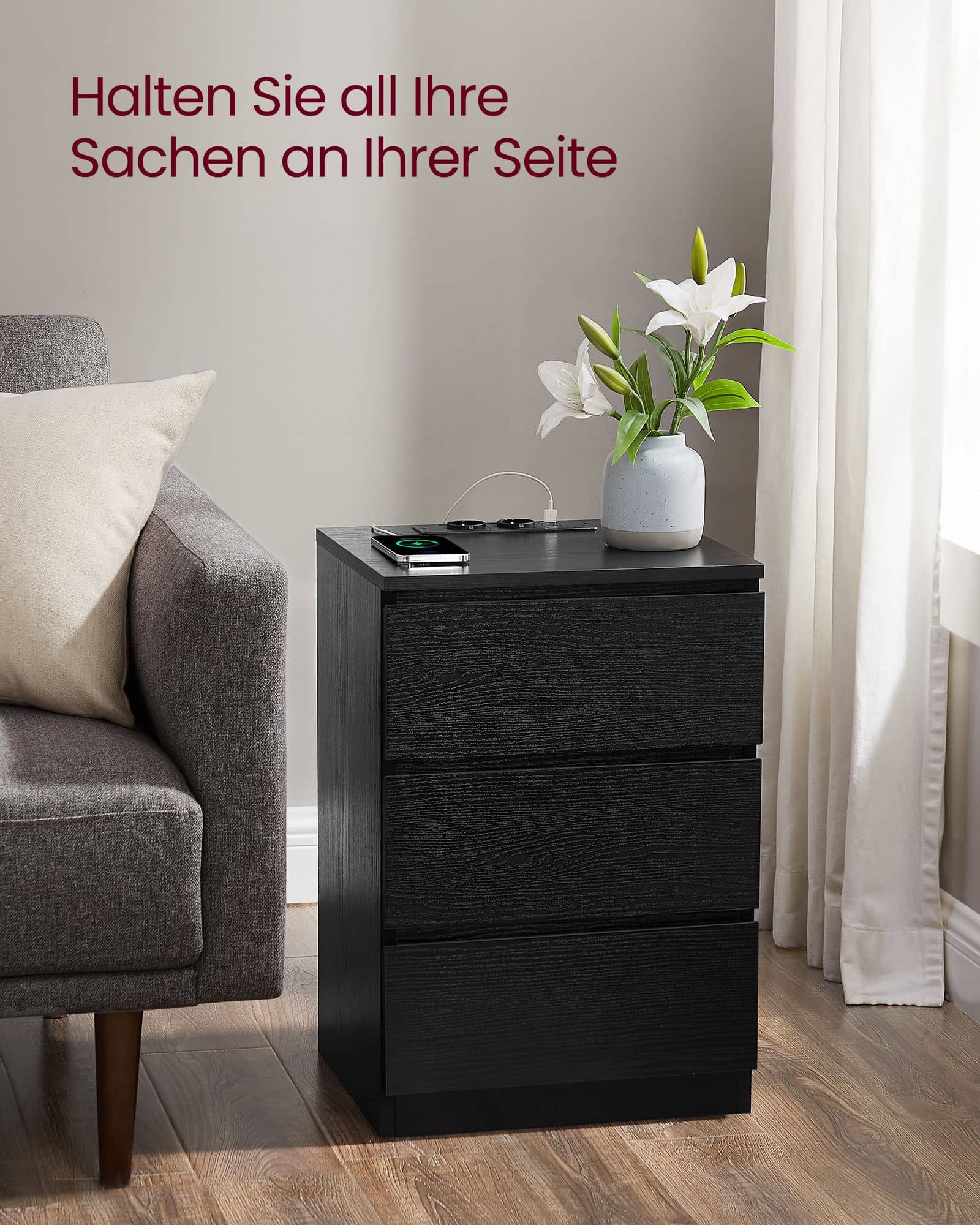 Nachttisch 2er Set 2 USB-Anschlüsse modern ebenholzschwarz Nachttisch 2er Set 2 USB-Anschlüsse modern ebenholzschwarz