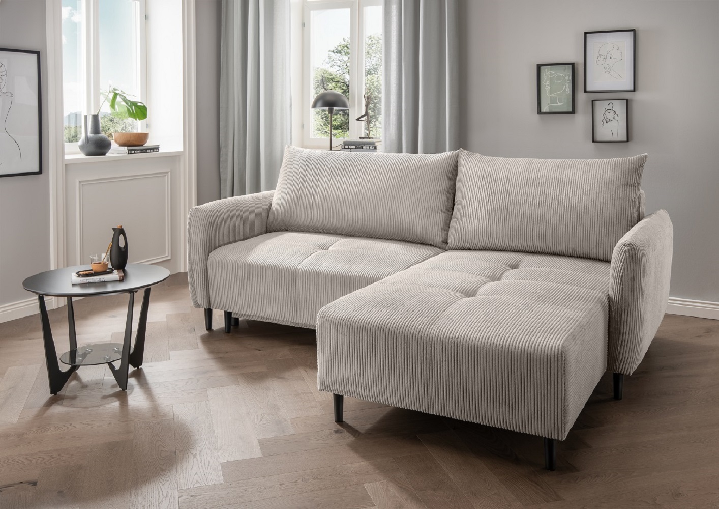 Ecksofa Mara in Cord – Schlaffunktion und Bettkasten – Benformato