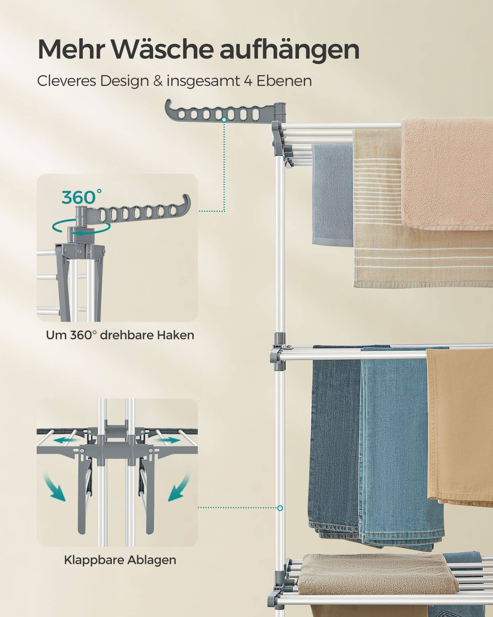 Wäscheständer 4 Ebenen mit klappbaren Flügeln und Rollen weiß Wäscheständer 4 Ebenen mit klappbaren Flügeln und Rollen weiß