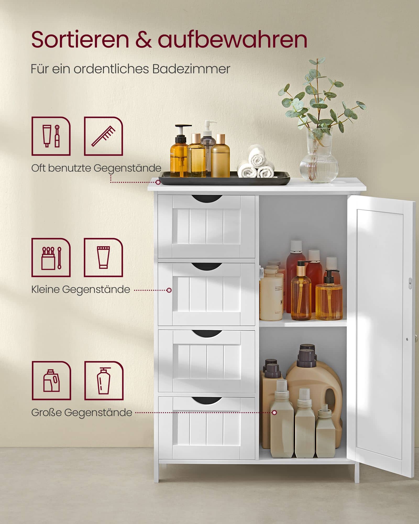 Schmaler Badschrank mit 4 Schubladen wolkenweiß Schmaler Badschrank mit 4 Schubladen wolkenweiß