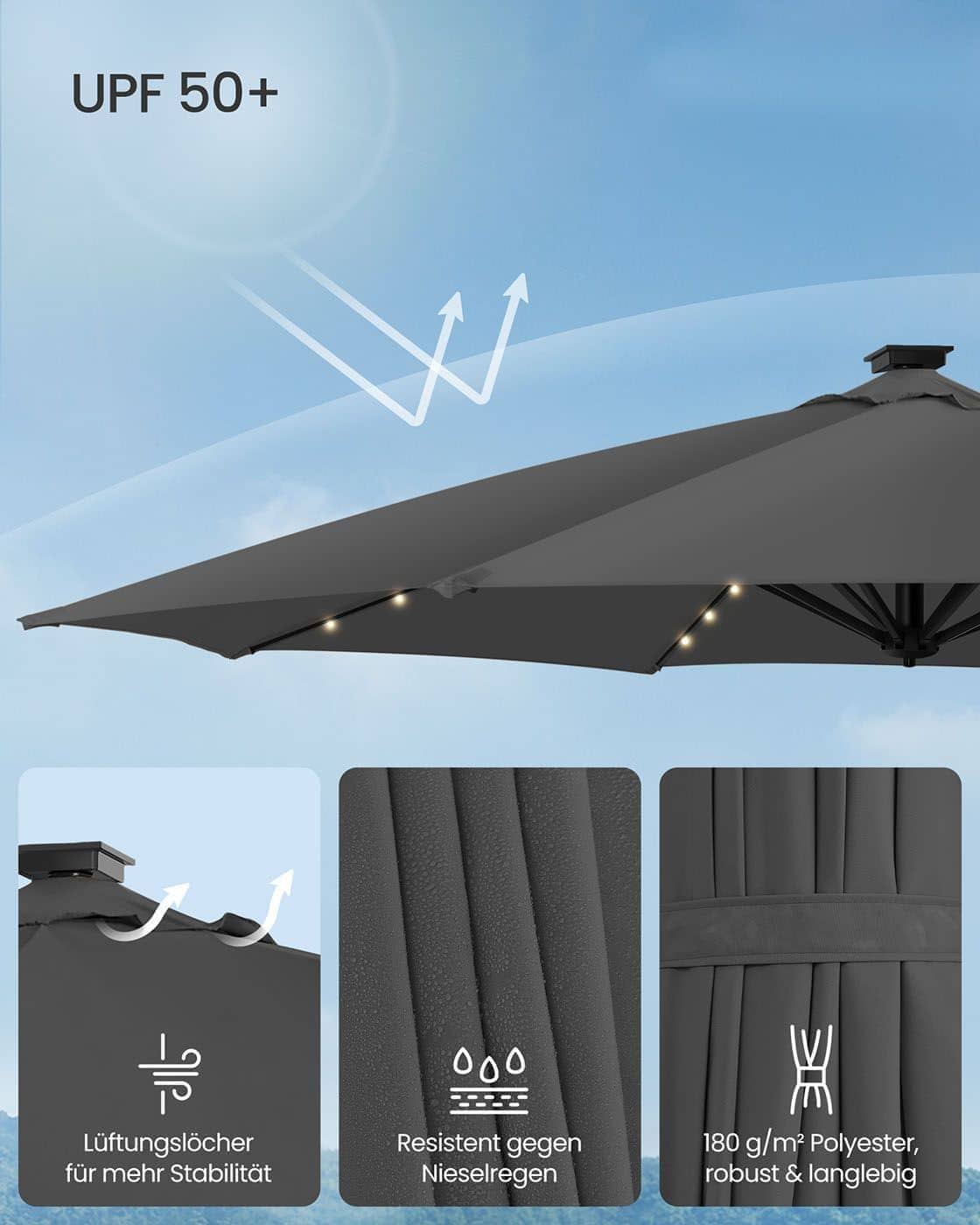 Sonnenschirm 300 cm UPF 50+ mit 28 Solar-LED-Leuchten grau Sonnenschirm 300 cm UPF 50+ mit 28 Solar-LED-Leuchten grau