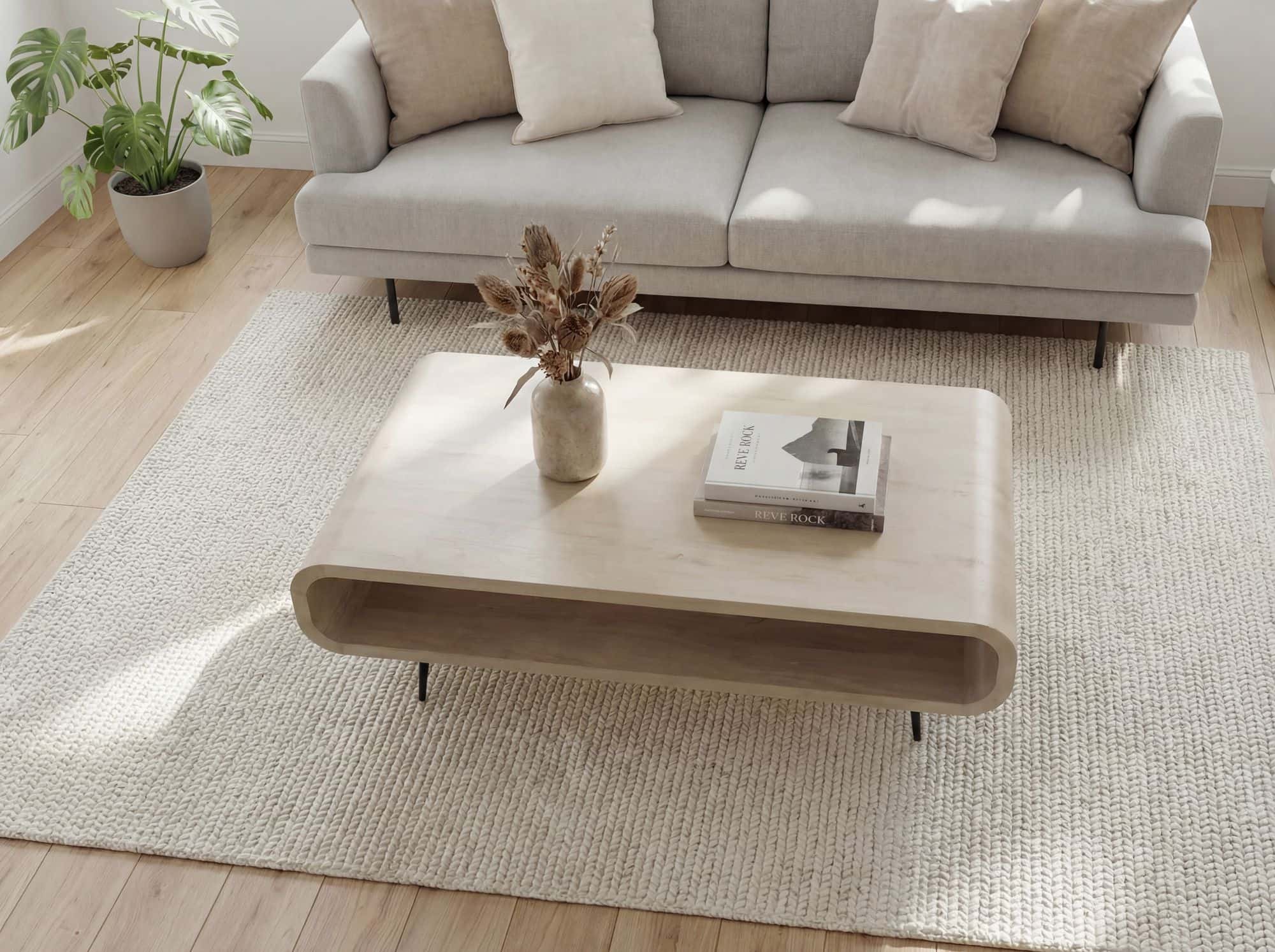 Couchtisch Mango Massivholz white wash 90cm - Design Wohnzimmertisch mit Metall Beine - Rechteckiger Sofatisch Ablage Retro - Loungetisch Holz - Natur Beistelltisch Handmade