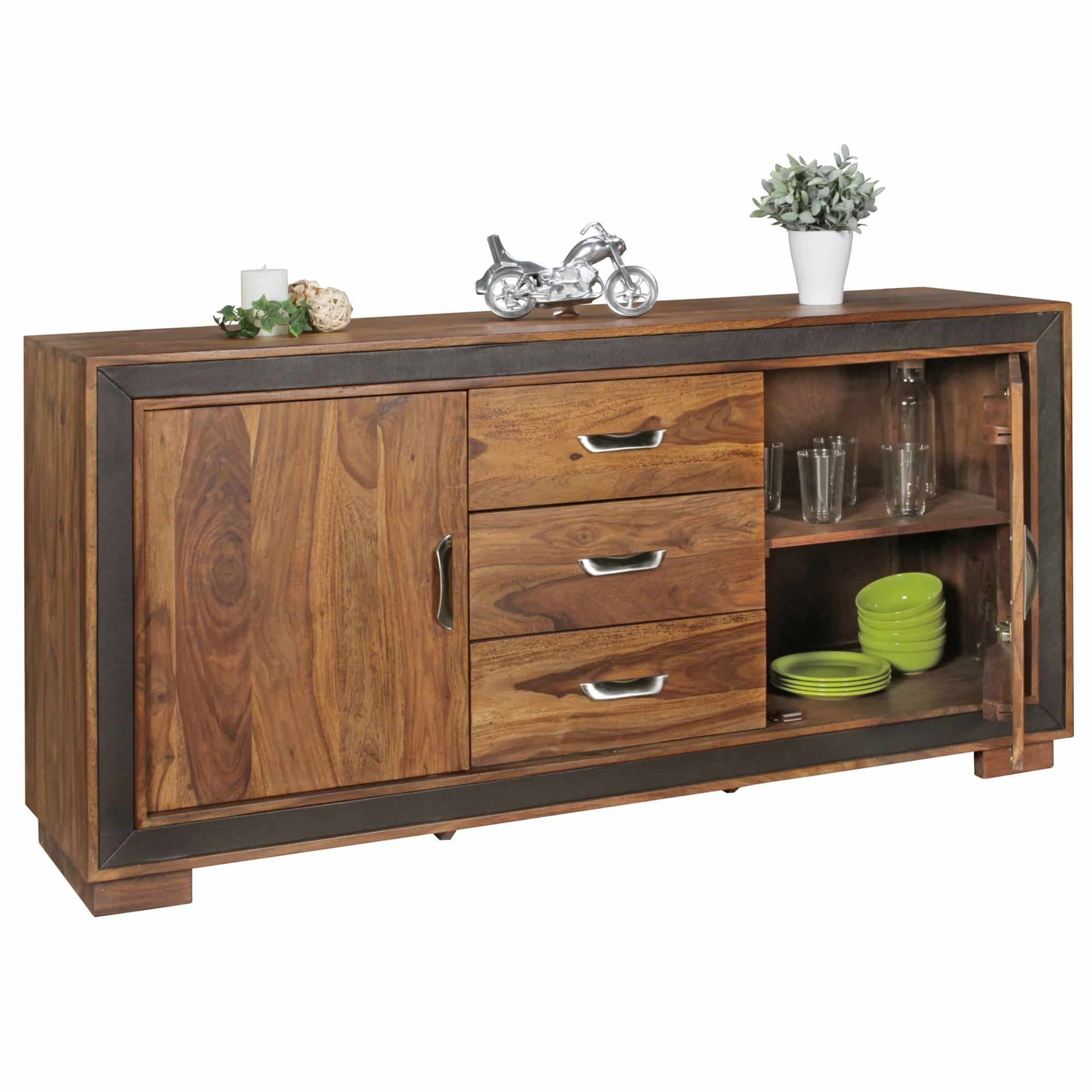 44743-WOHNLING-Design-Sideboard-KARAN-Sheesham-Massivholz-mit-Kunstleder-160x44x80-cm-Anrichte-im-rustikalen-Landhausstil-Kommode-mit-Schubladen-und-Tueren-Sideboard-Kommode-Schubl Design Sideboard Sheesham Massivholz mit Kunstleder 160x44x80 cm