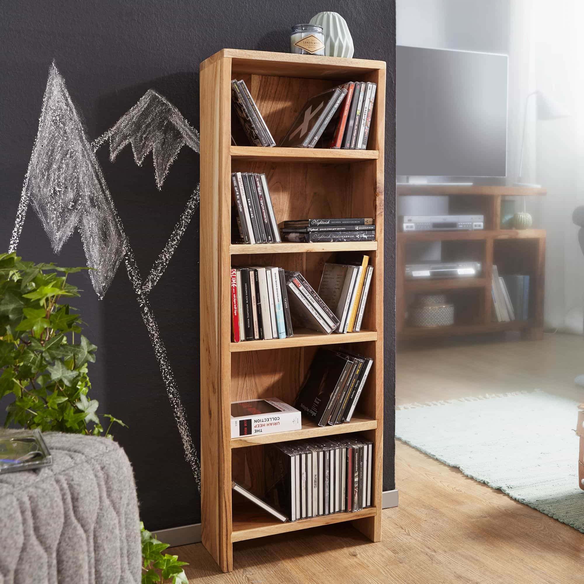 CD Regal MUMBAI Massivholz Akazie Standregal 90 cm hoch CD-Aufbewahrung 5 Fächer Bücherregal natur Landhaus-Stil CD Regal MUMBAI Massivholz Akazie Standregal 90 cm hoch CD-Aufbewahrung 5 Fächer Bücherregal natur Landhaus-Stil