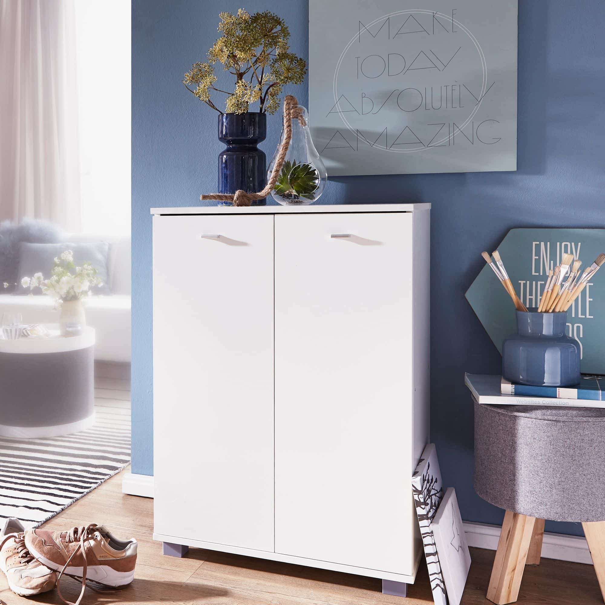 Design Schuhschrank NIMES modern Holz Weiß 12 Paar Schuhe 4 Fächer 2 Türen Design Schuhschrank NIMES modern Holz Weiß 12 Paar Schuhe 4 Fächer 2 Türen