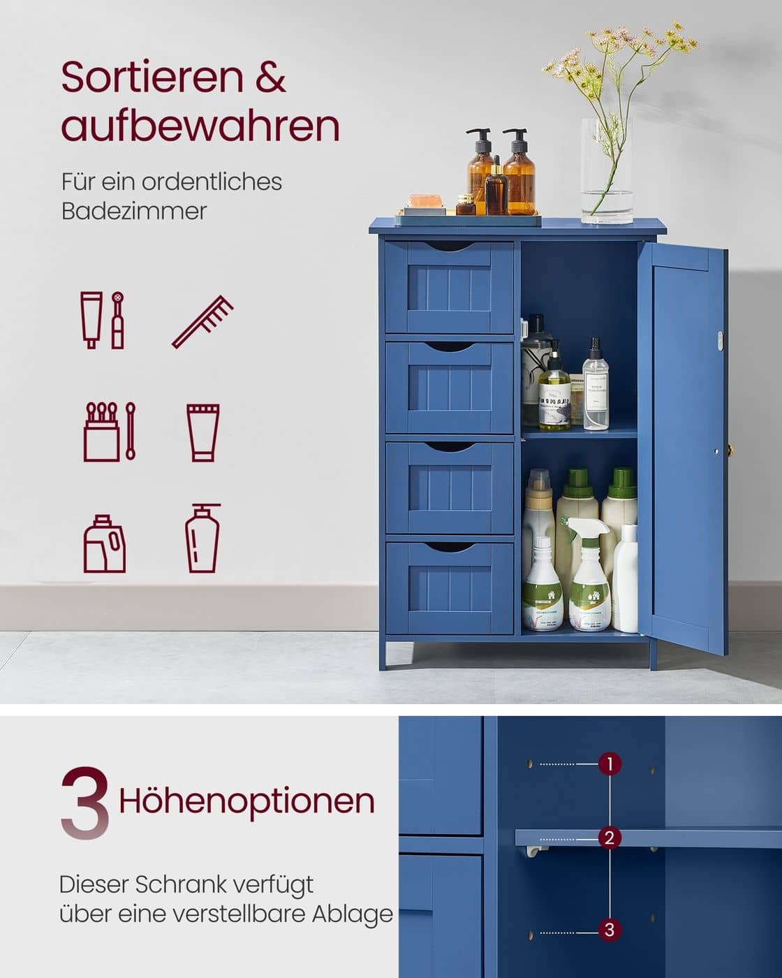 Badezimmerschrank mit 4 Schubladen und 1 Schrank mit verstellbarer Ablage hafenblau