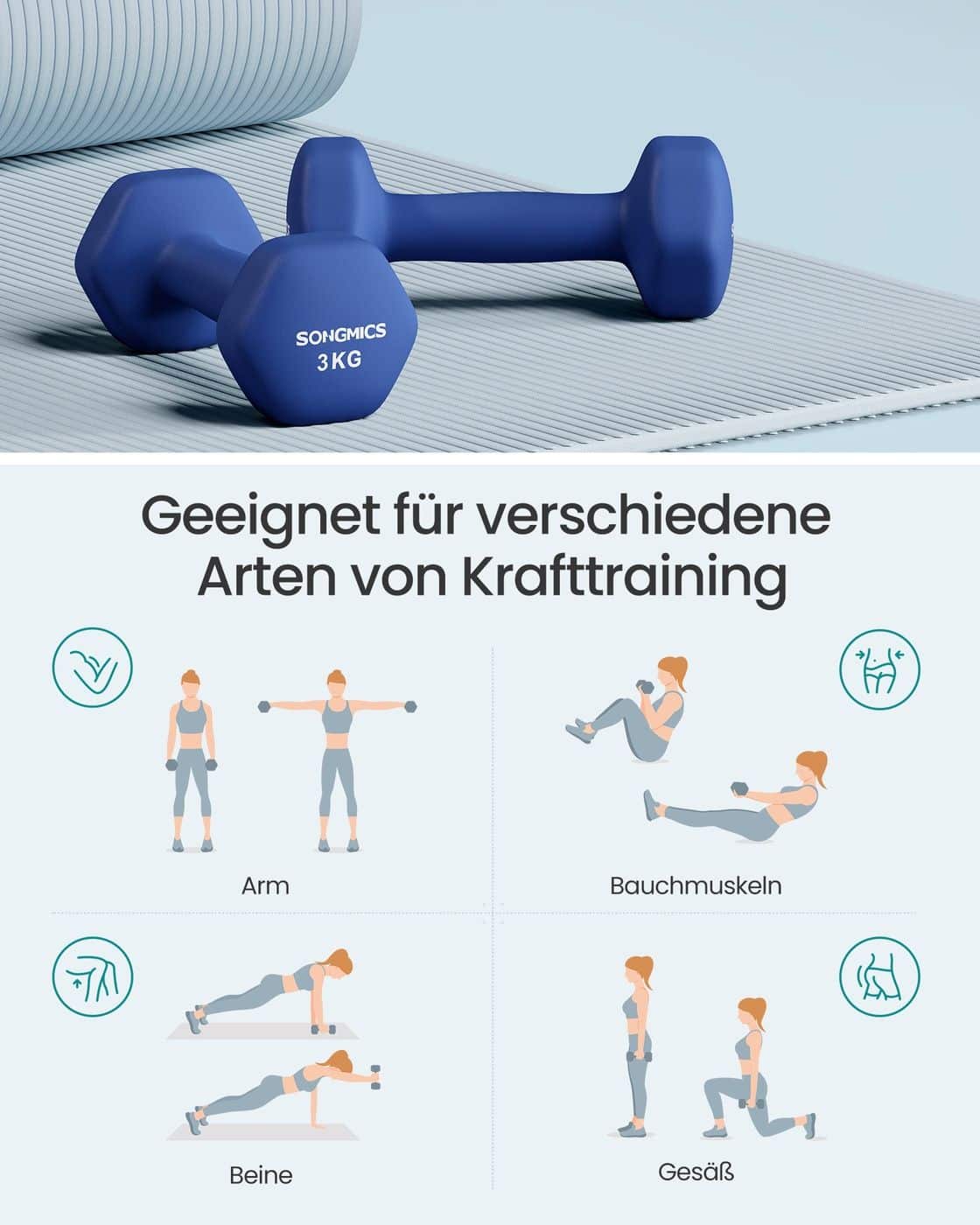 Kurzhantel Set mit Hantelständer Aquamarinblau, Hafenblau und Tintenschwarz Kurzhantel Set mit Hantelständer Aquamarinblau, Hafenblau und Tintenschwarz