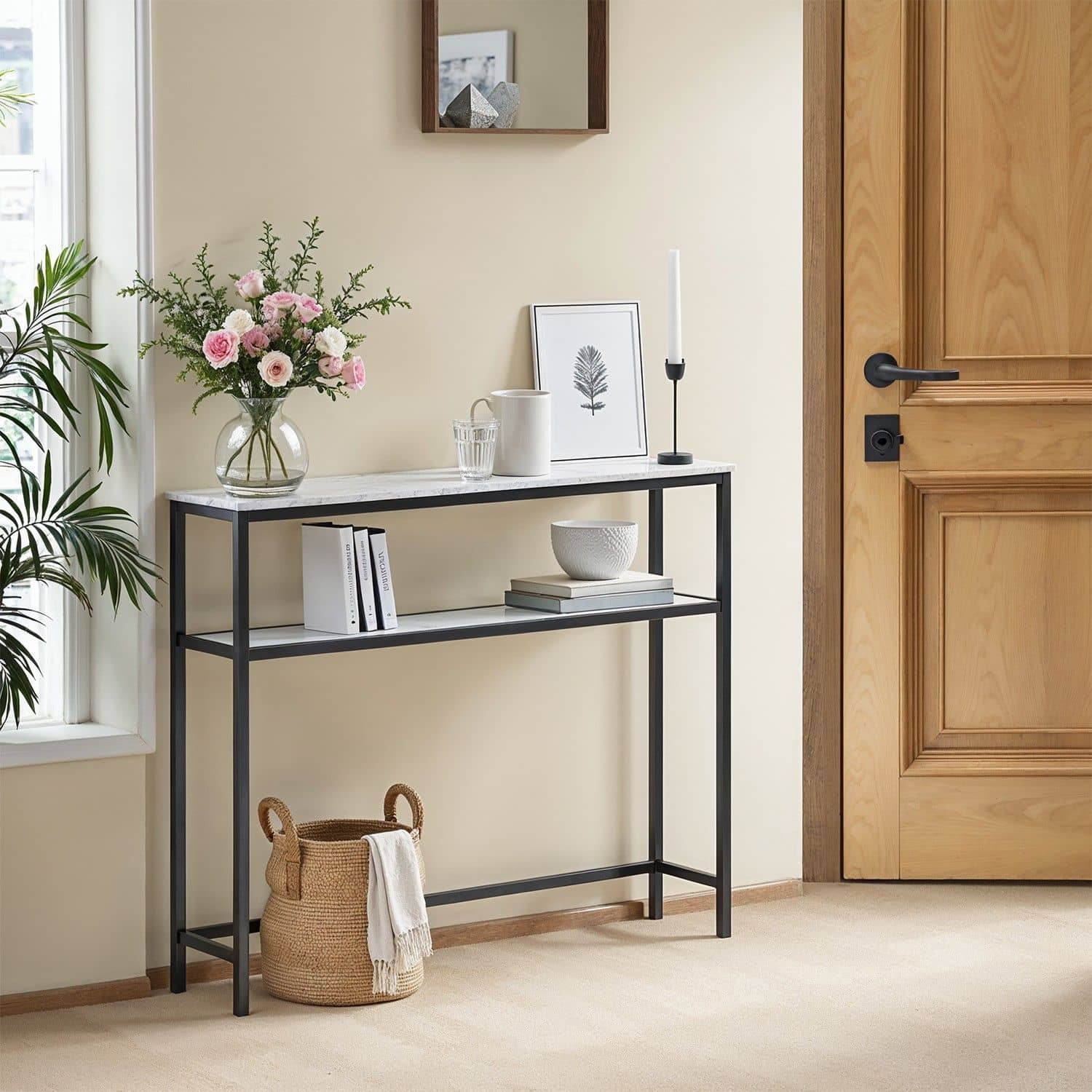 schmaler Sofatisch mit 2 Ablagen marmorweiß-tintenschwarz schmaler Sofatisch mit 2 Ablagen marmorweiß-tintenschwarz