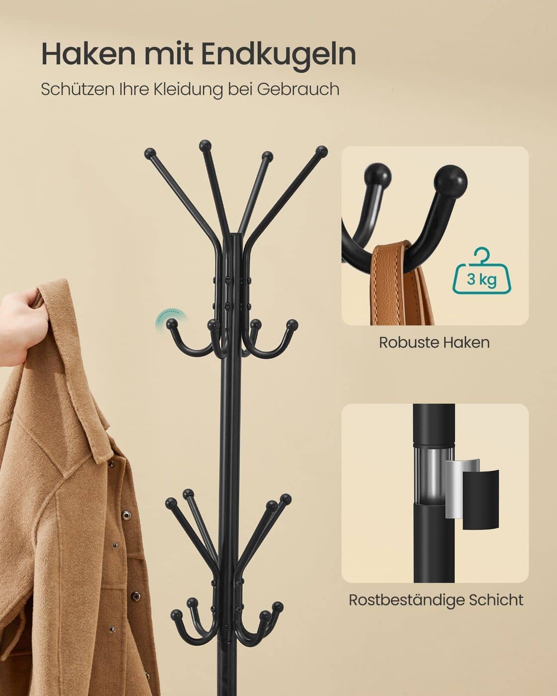 Metall Garderobenständer mit Haken für Kleidung und Accessoires tintenschwarz