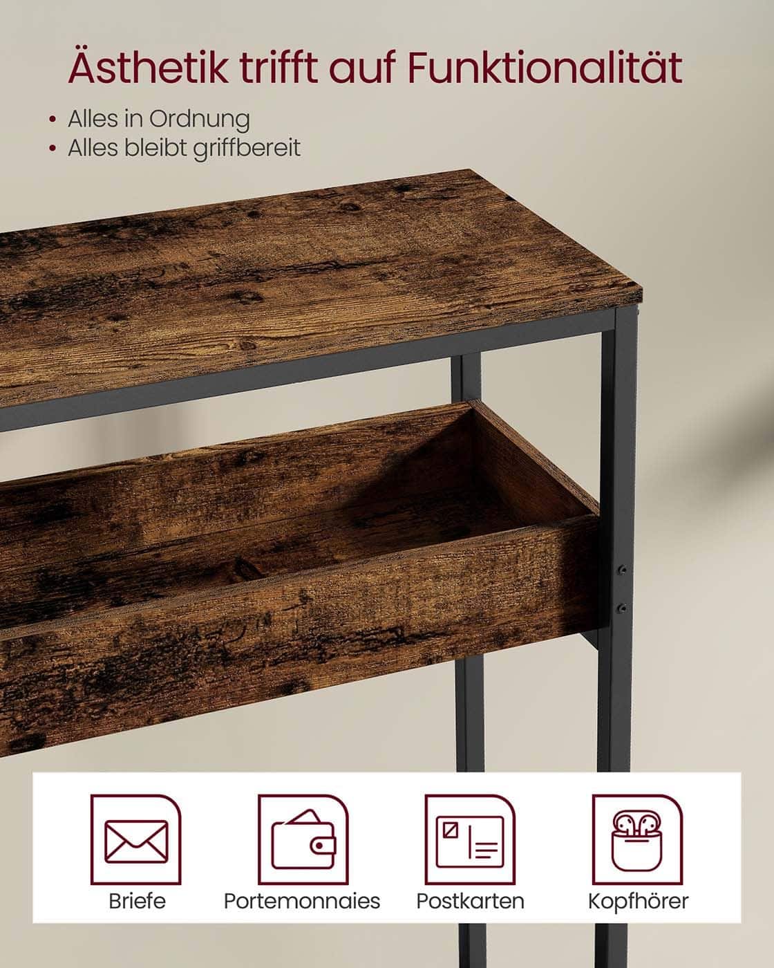 Schmaler Konsolentisch mit zwei Ebenen und halboffenen Fächern