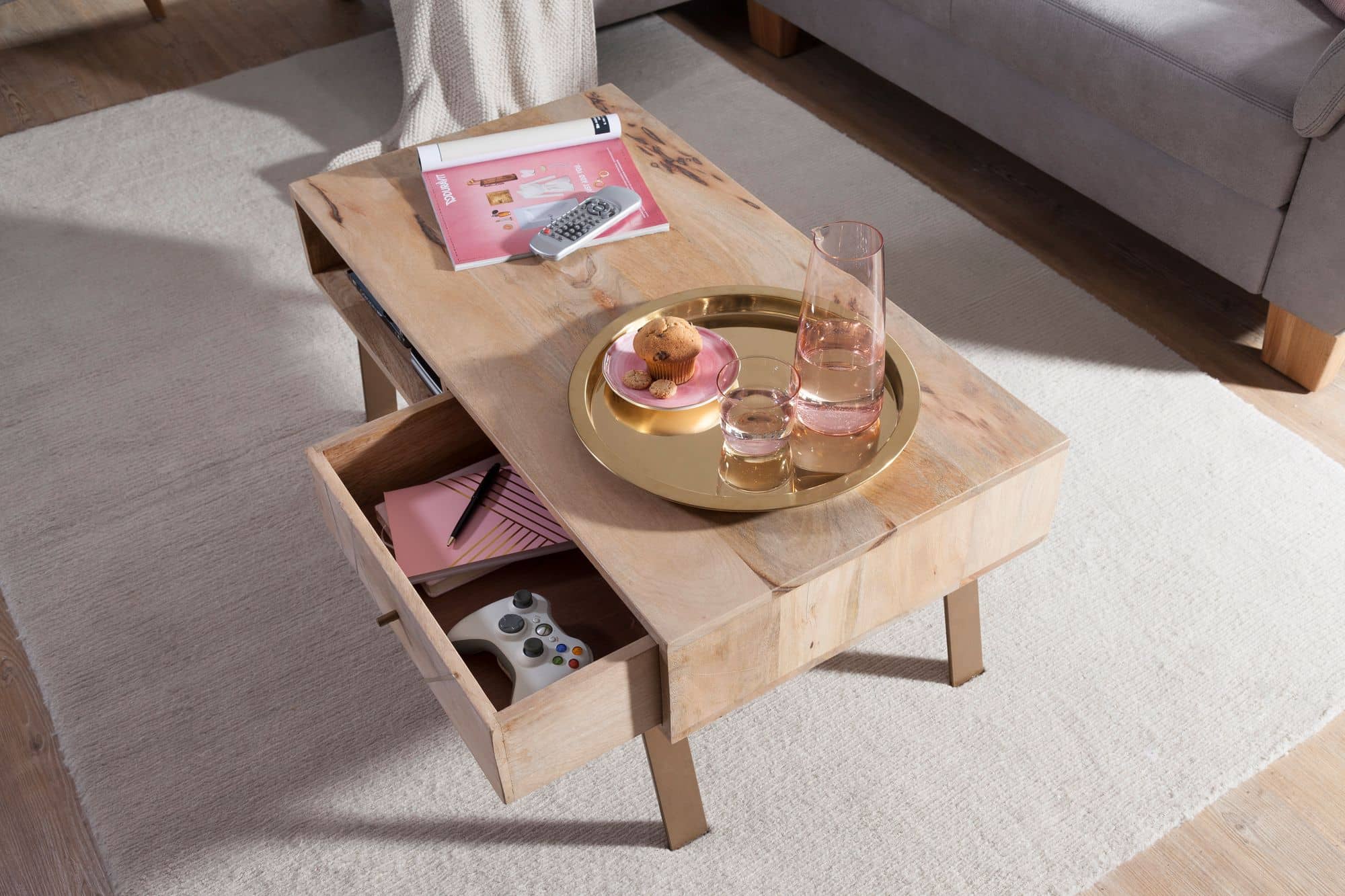 Couchtisch SIKAR 95x42x50cm Mango Massivholz / Metall Sofatisch