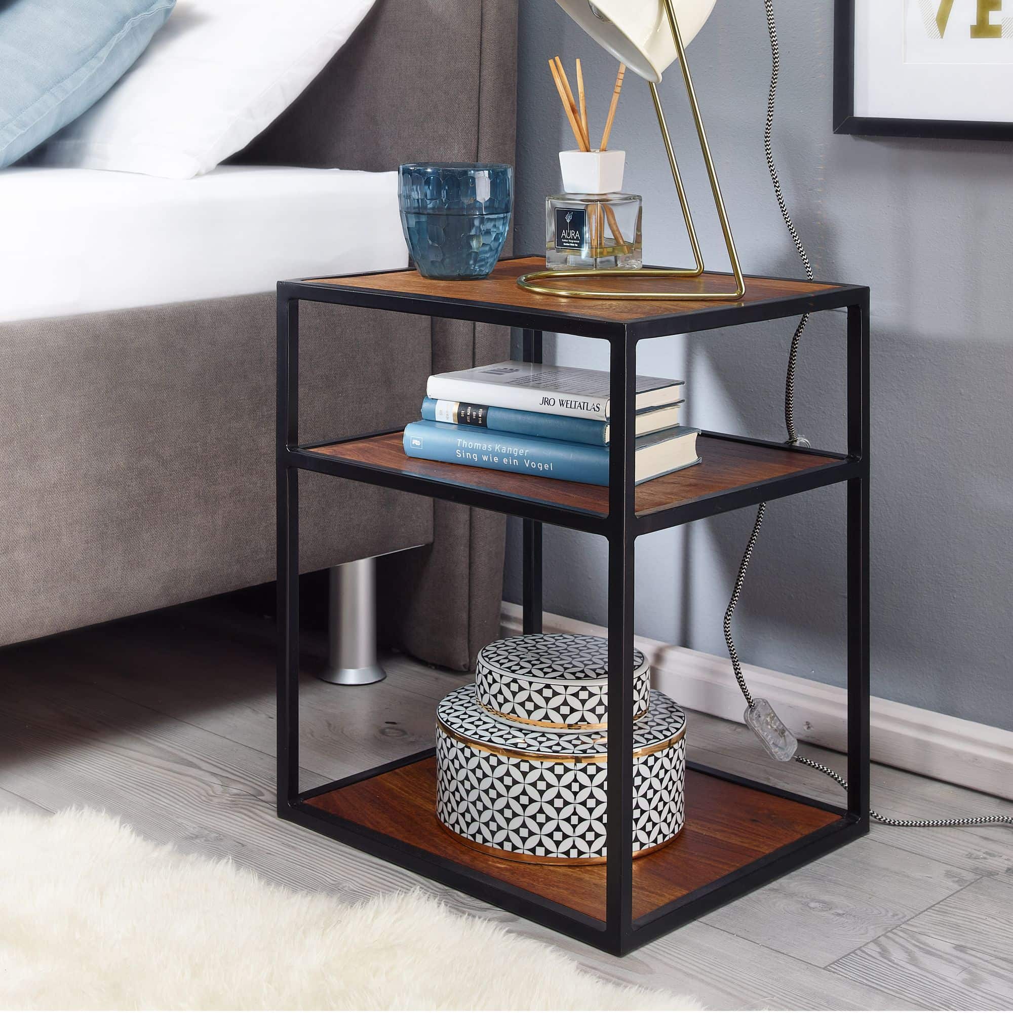 Nachttisch Sheesham Massivholz / Metall 40x50x35 cm Beistelltisch Hoch Nachttisch Sheesham Massivholz / Metall 40x50x35 cm Beistelltisch Hoch