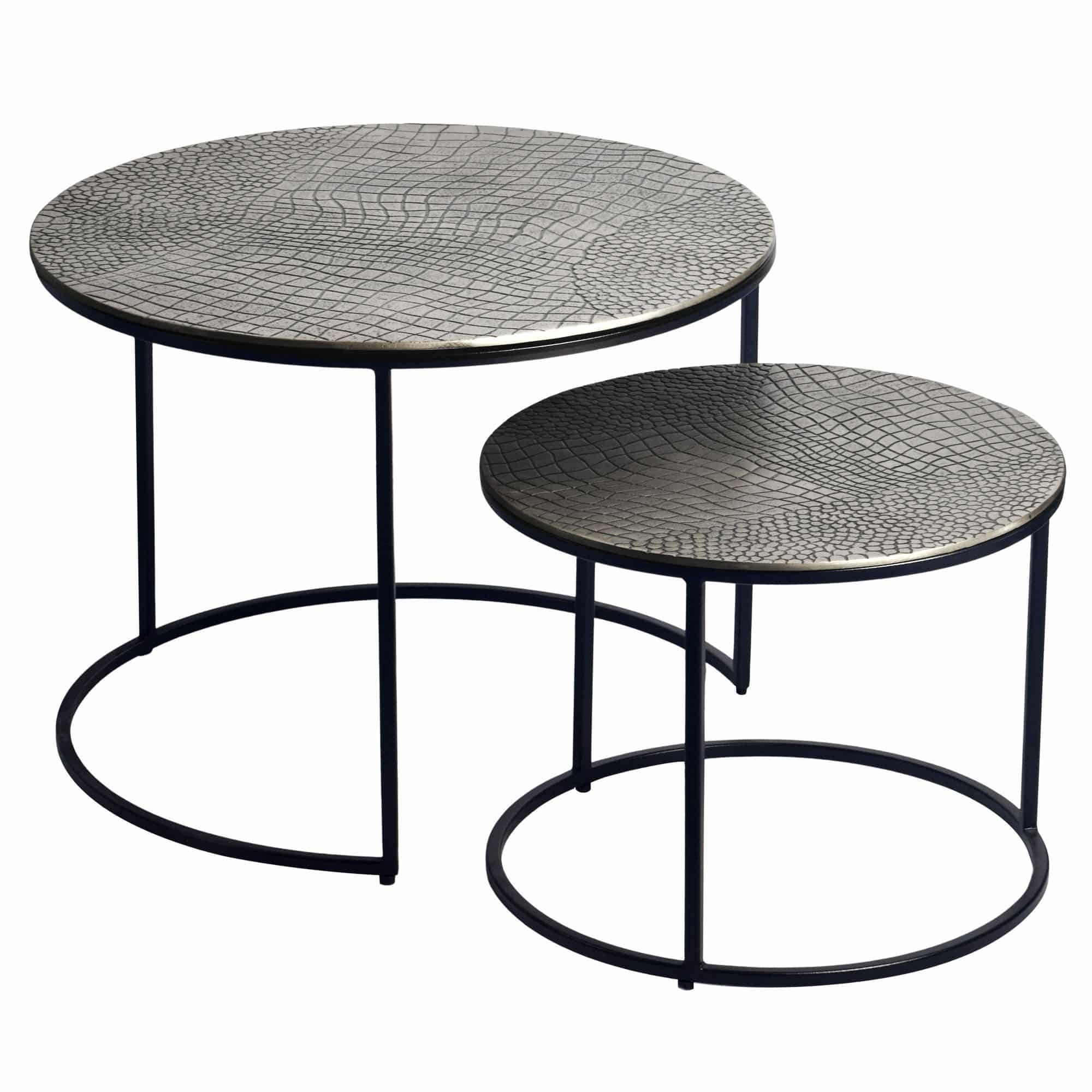 Satztisch Metall 2er Set rund silber - Couchtisch Aluminium Tischplatten mit Muster - Beistelltisch Sofatisch Alu modern - Wohnzimmertisch Eisen Gestell Handmade