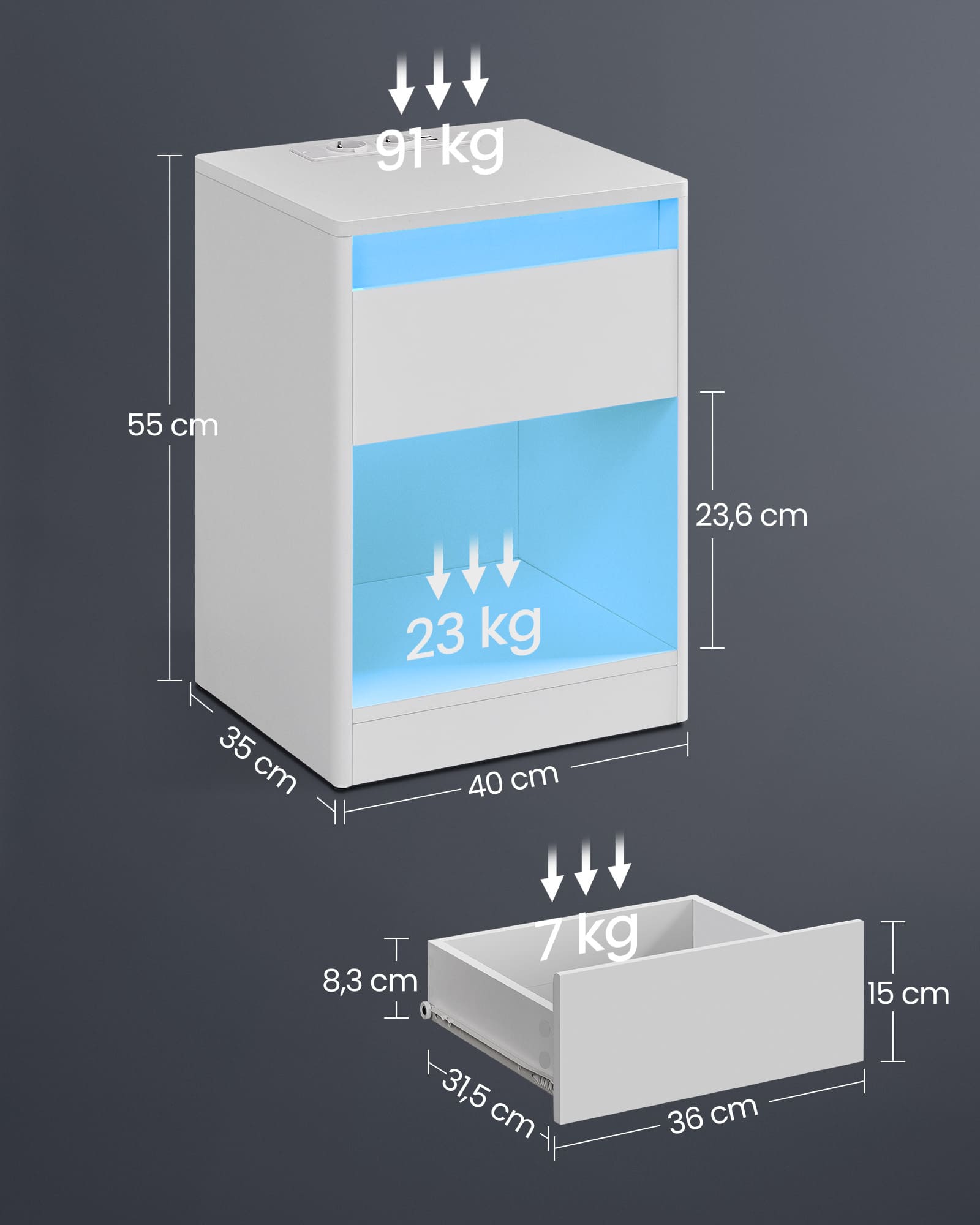 Nachttisch mit LED-Beleuchtung modern wolkenweiß Nachttisch mit LED-Beleuchtung modern wolkenweiß