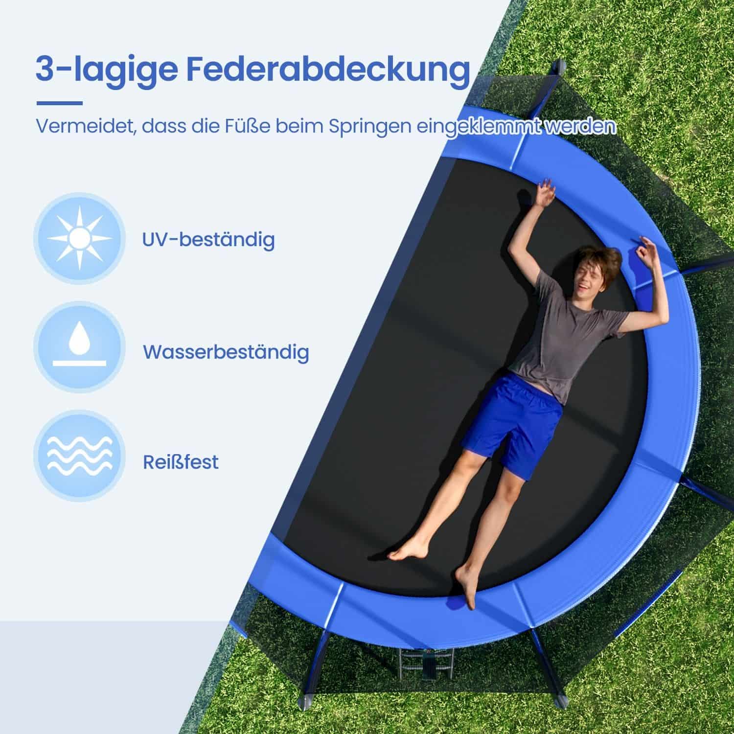 Trampolin 305 cm d, Gartentrampolin mit Sicherheitsnetz, 180 cm hohe gebogene Stangen Trampolin 305 cm d, Gartentrampolin mit Sicherheitsnetz, 180 cm hohe gebogene Stangen