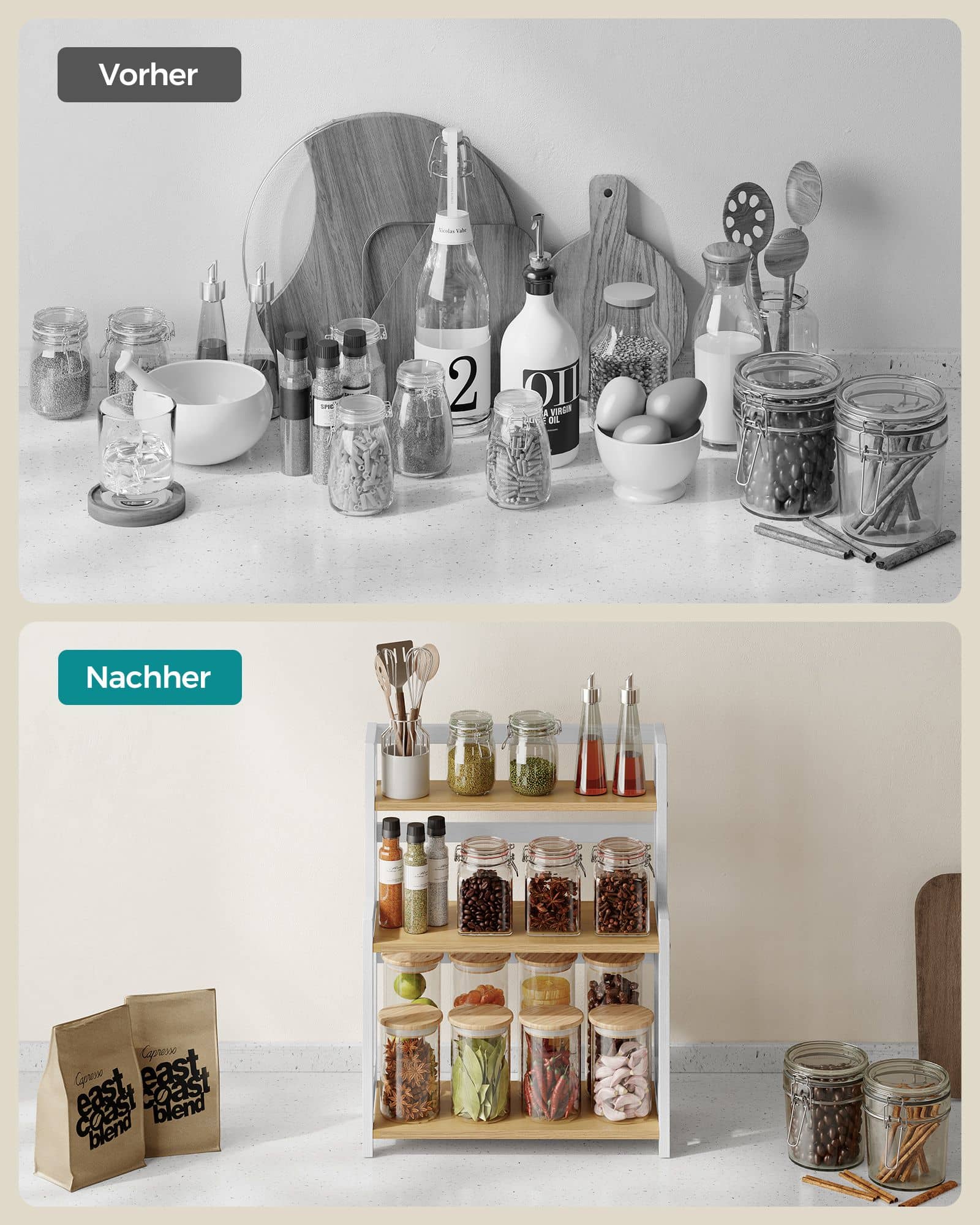 SONGMICS Gewürzregal – 3 Ebenen, natureiche