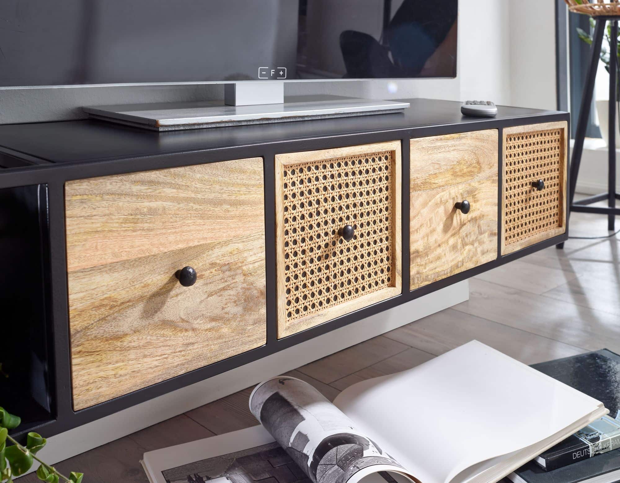 67860-Wohnling-TV-Konsole-haengend-150x35x25-cm-WL6-588-WL6 Lowboard Hängend Mango Massivholz / Metall 150x25x35 cm TV-Schrank Schwarz