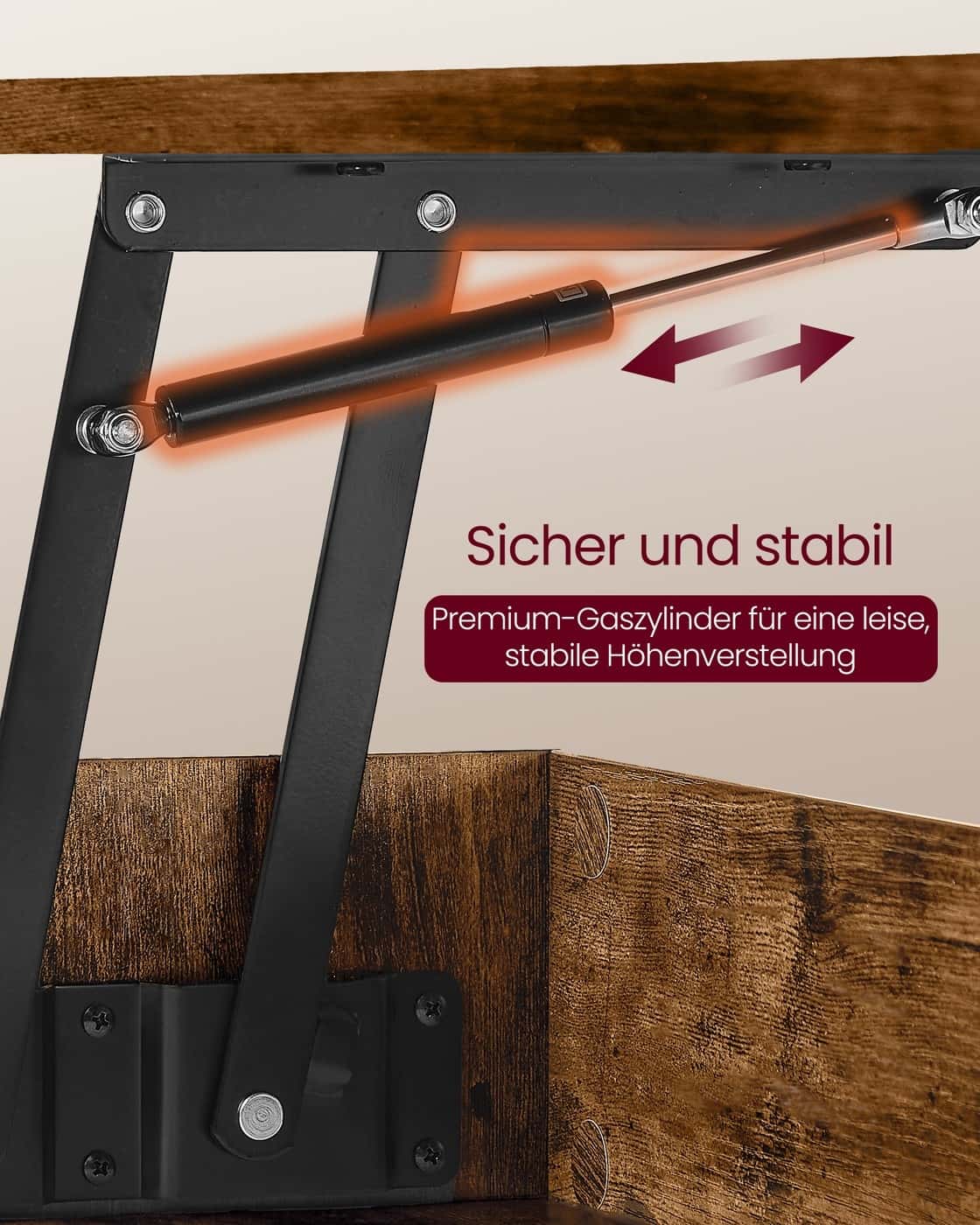 Couchtisch mit verstellbarer Platte und verstecktem Fach vintagebraun-Mattschwarz Couchtisch mit verstellbarer Platte und verstecktem Fach vintagebraun-Mattschwarz