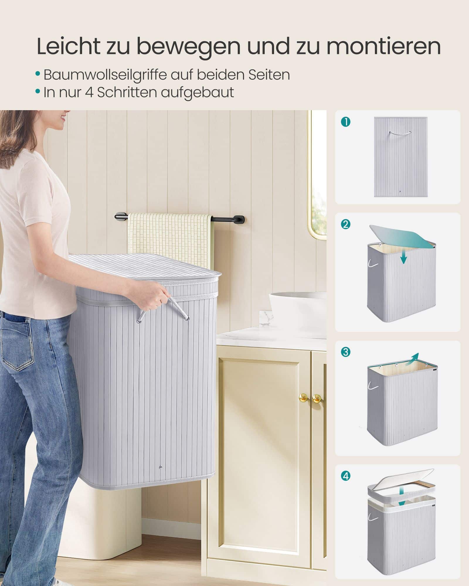 Wäschekorb mit Deckel aus Bambus 150 Liter taubengrau Wäschekorb mit Deckel aus Bambus 150 Liter taubengrau