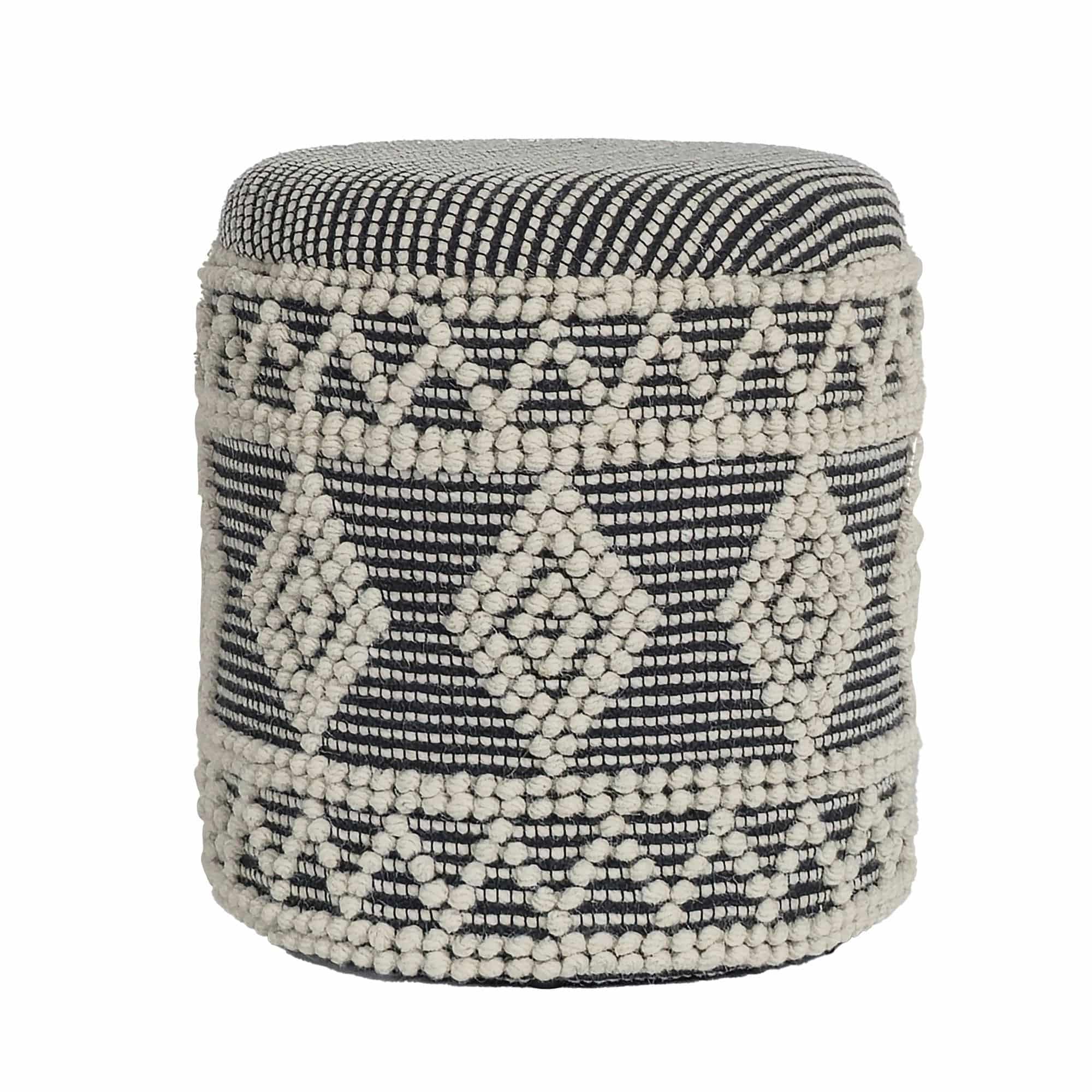 Sitzhocker aus Wolle Ø 40 x 45 cm Grau-Creme Rund Boho Hocker mit Stauraum & abnehmbarem Deckel