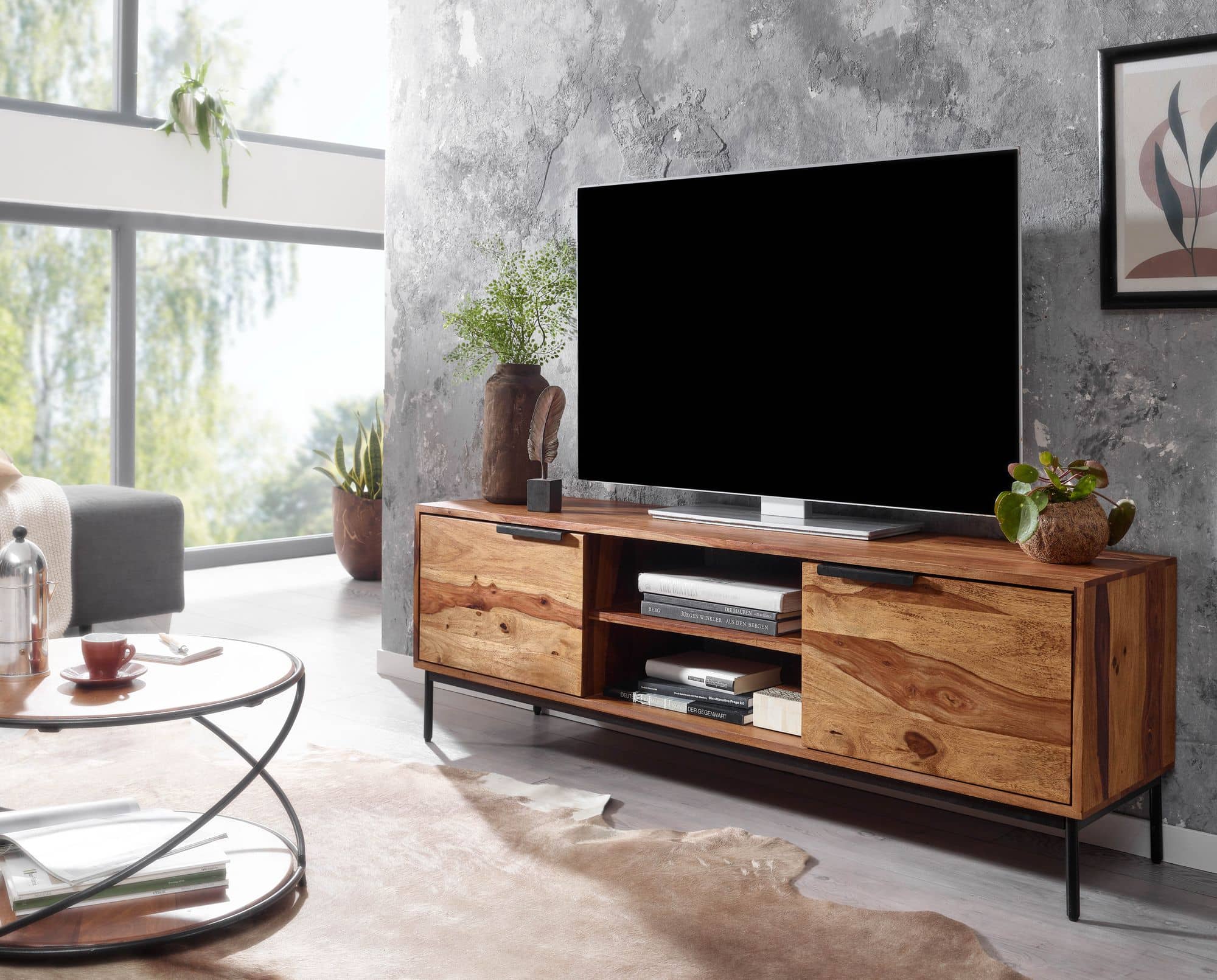 64614-Wohnling-TV-Board-147x50x38-cm-Sheesham-WL6-552-WL6-552_4 Lowboard Sheesham Massivholz 147x51x38 cm TV-Kommode mit zwei Türen
