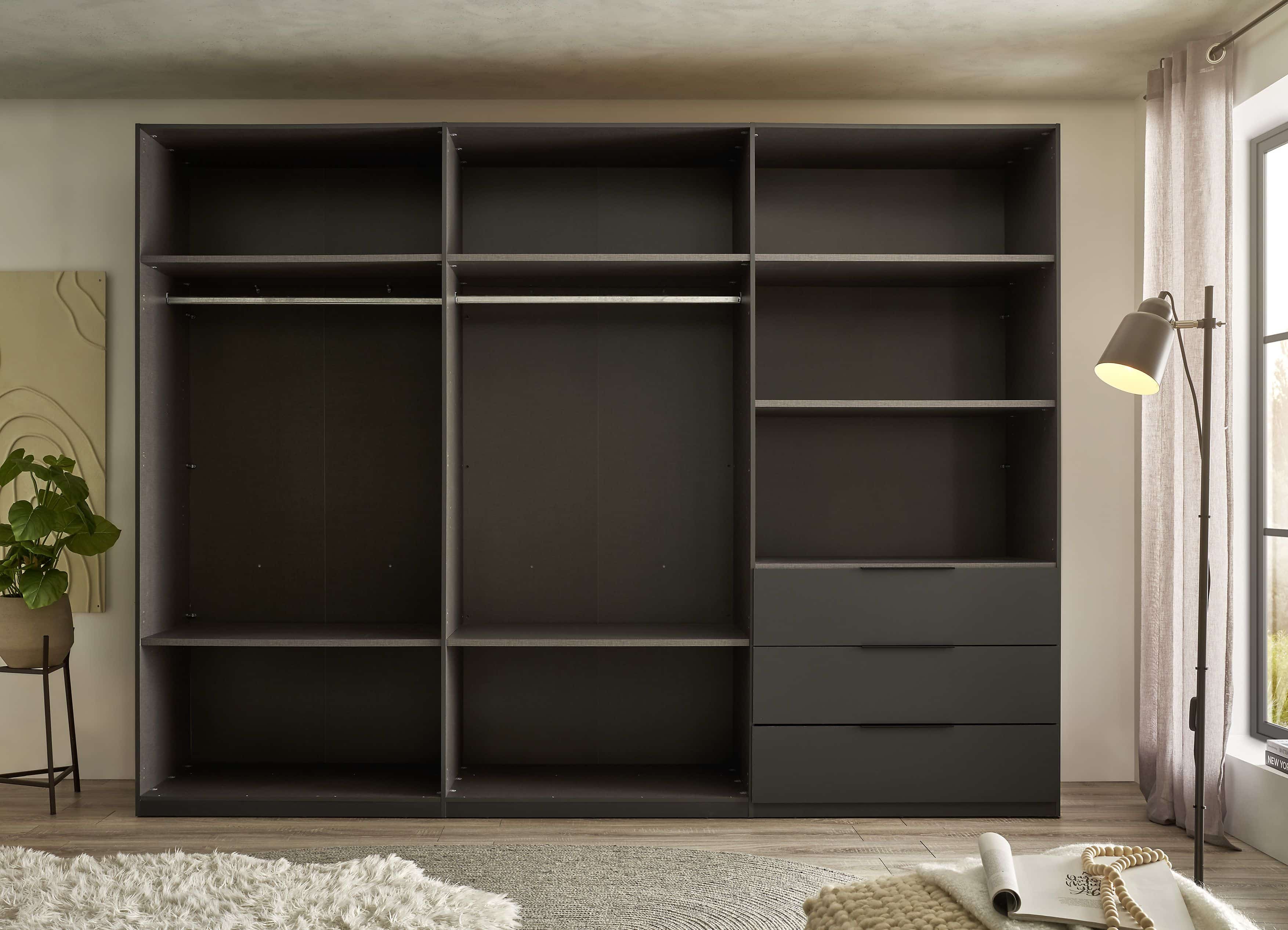 Nuka Kleiderschrank graphitgrau/hellgrau – 300 cm breit, mit Schubladen & Drehtüren, modernes Design Nuka Kleiderschrank graphitgrau/hellgrau – 300 cm breit, mit Schubladen & Drehtüren, modernes Design