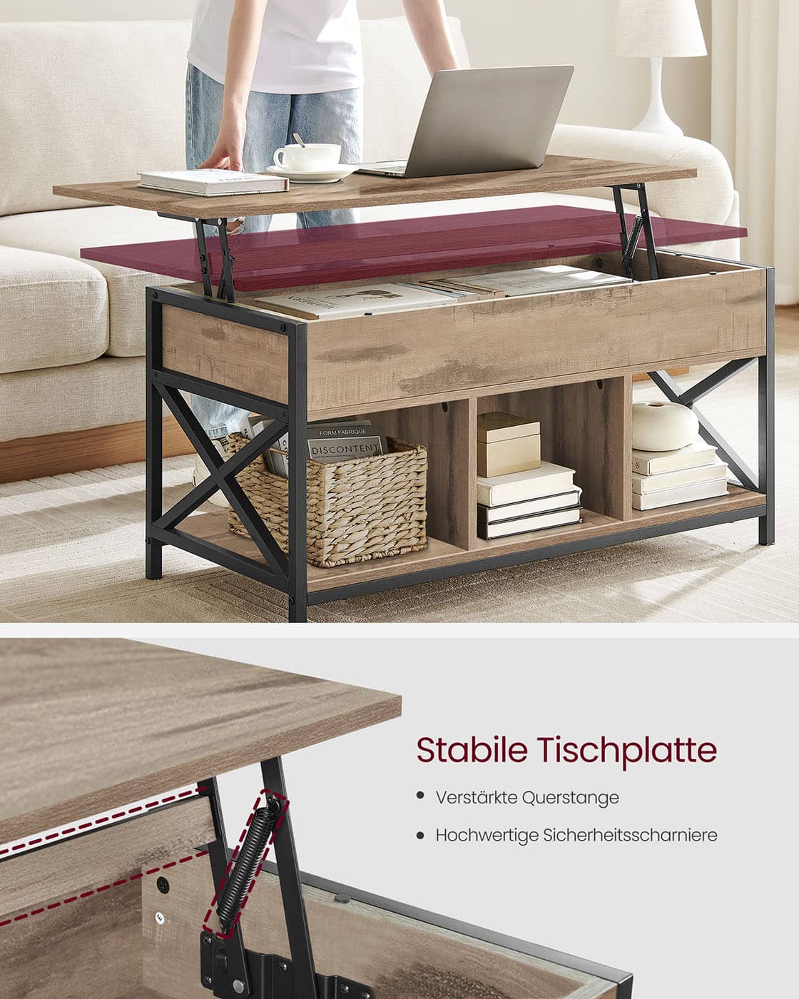 Couchtisch 50 x 100 x (46,5-62) cm kamelbraun-schwarz Couchtisch 50 x 100 x (46,5-62) cm kamelbraun-schwarz