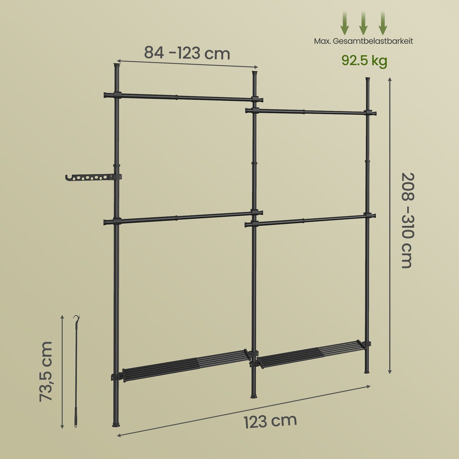 3-stufiger Kleiderständer, höhen- und breitenverstellbar, offene Garderobe mit 4 Kleiderstangen und 2 Ablagen