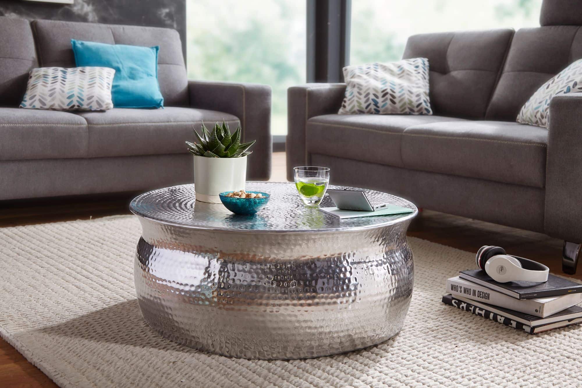 46257-WOHNLING-Couchtisch-75x75x30-cm-Aluminium-S_1 Wohnling Couchtisch Akola Ø 75 cm – Hammerschlag Silber