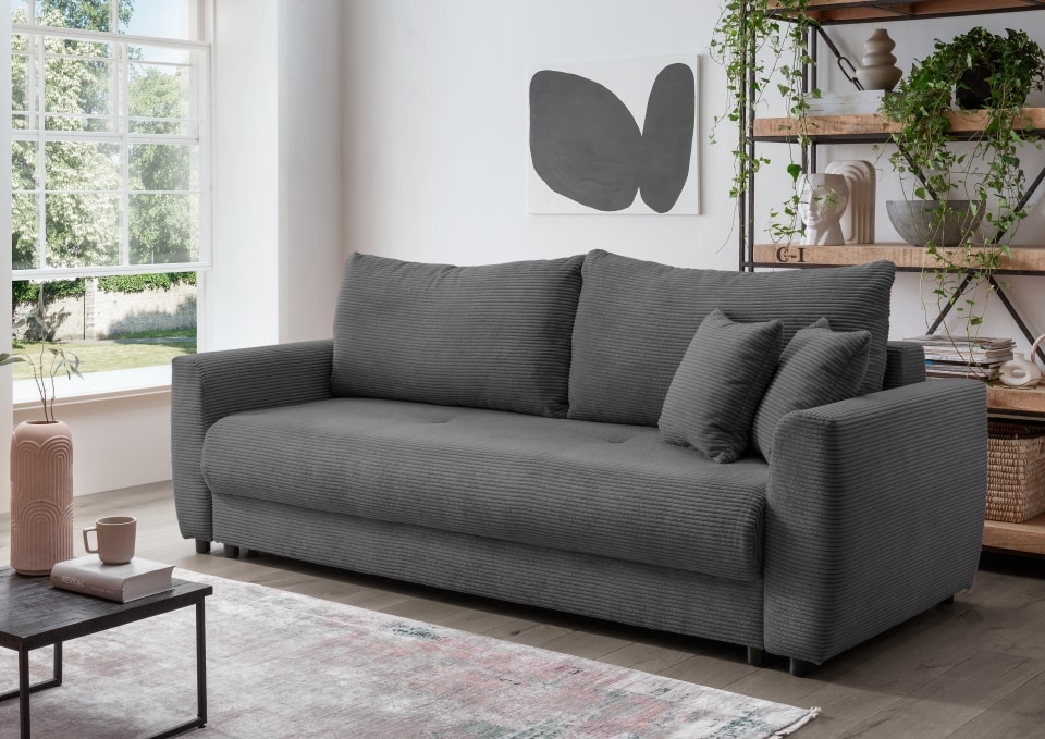 Benformato_Elia_3FBK_4801-1 Komfortables Sofa Elia: Schlaffunktion & Bettkasten, Grau