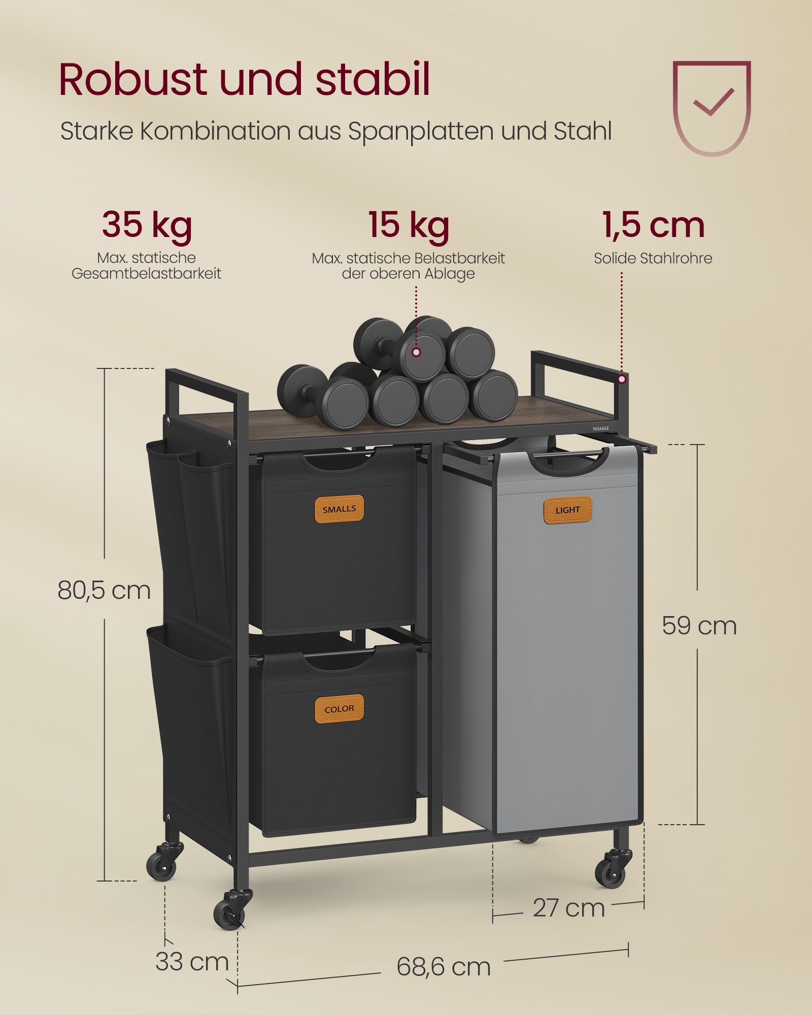 Wäschekorb 3 Fächer kastanienbraun-tintenschwarz-taubengrau Wäschekorb 3 Fächer kastanienbraun-tintenschwarz-taubengrau