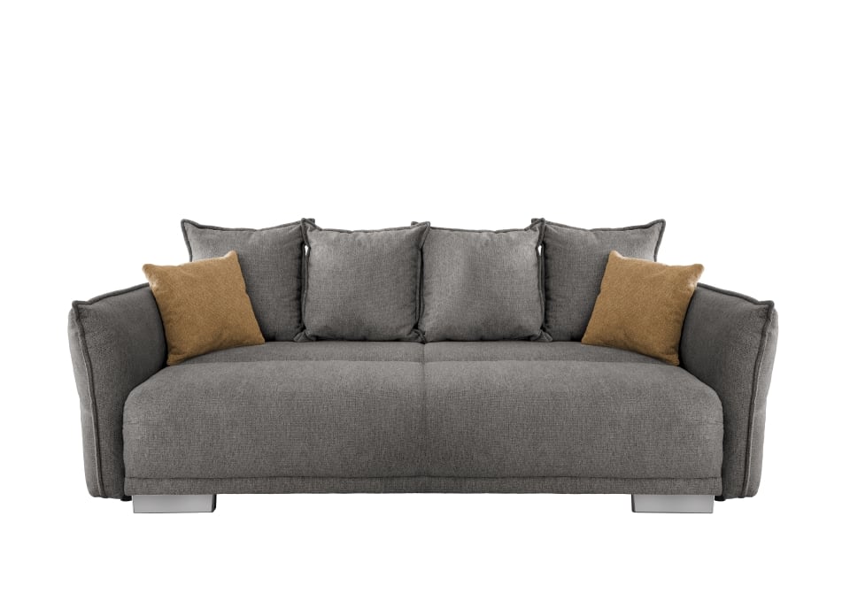 Benformato_Pera_4FAFBK_9754_ZK_9760-2 Grau-Braunes 'Pera' Sofa: Eleganz in Mikrofaser mit praktischem Bettkasten