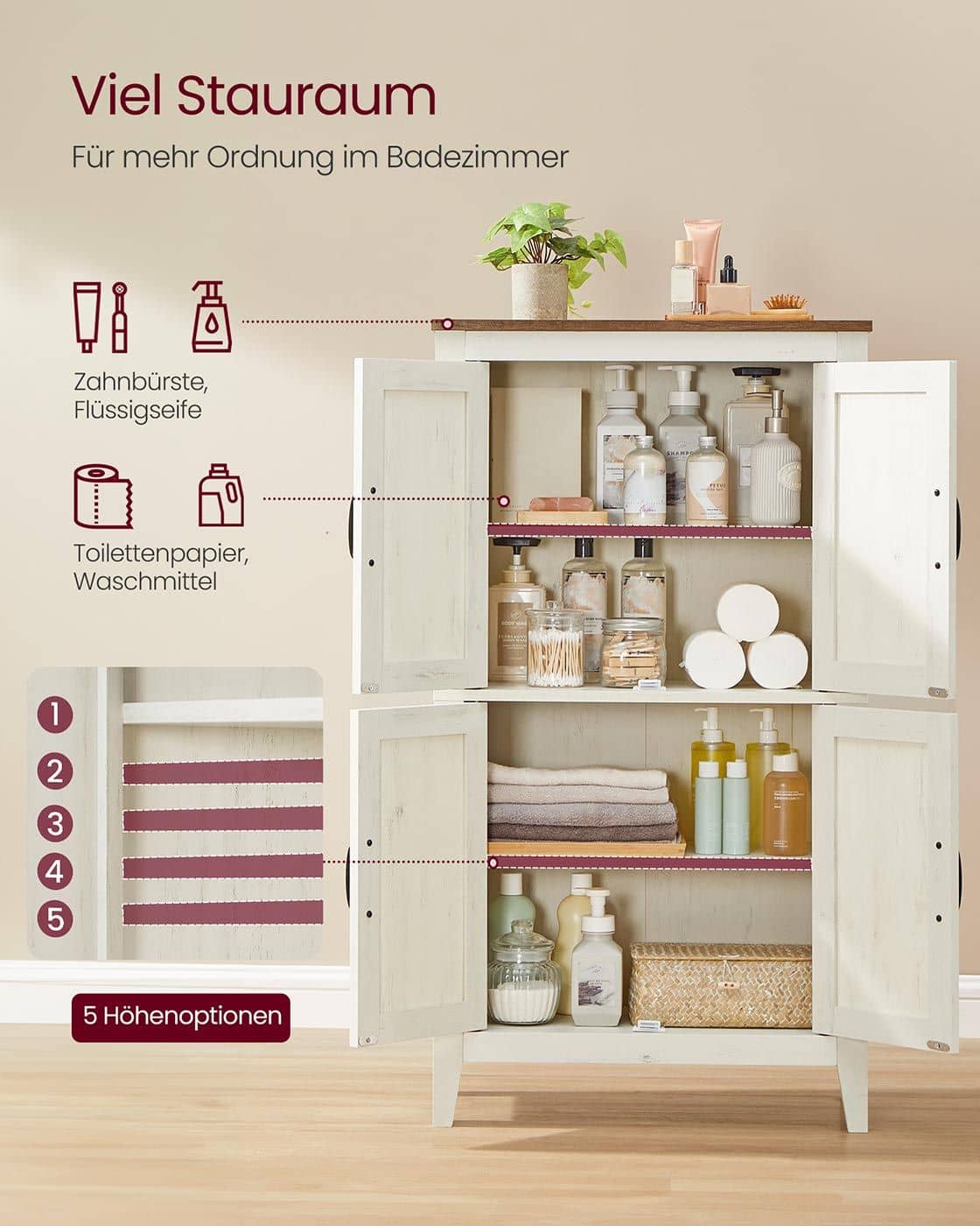 Badezimmerschrank mit Schubladen und verstellbaren Ablagen im Landhausstil