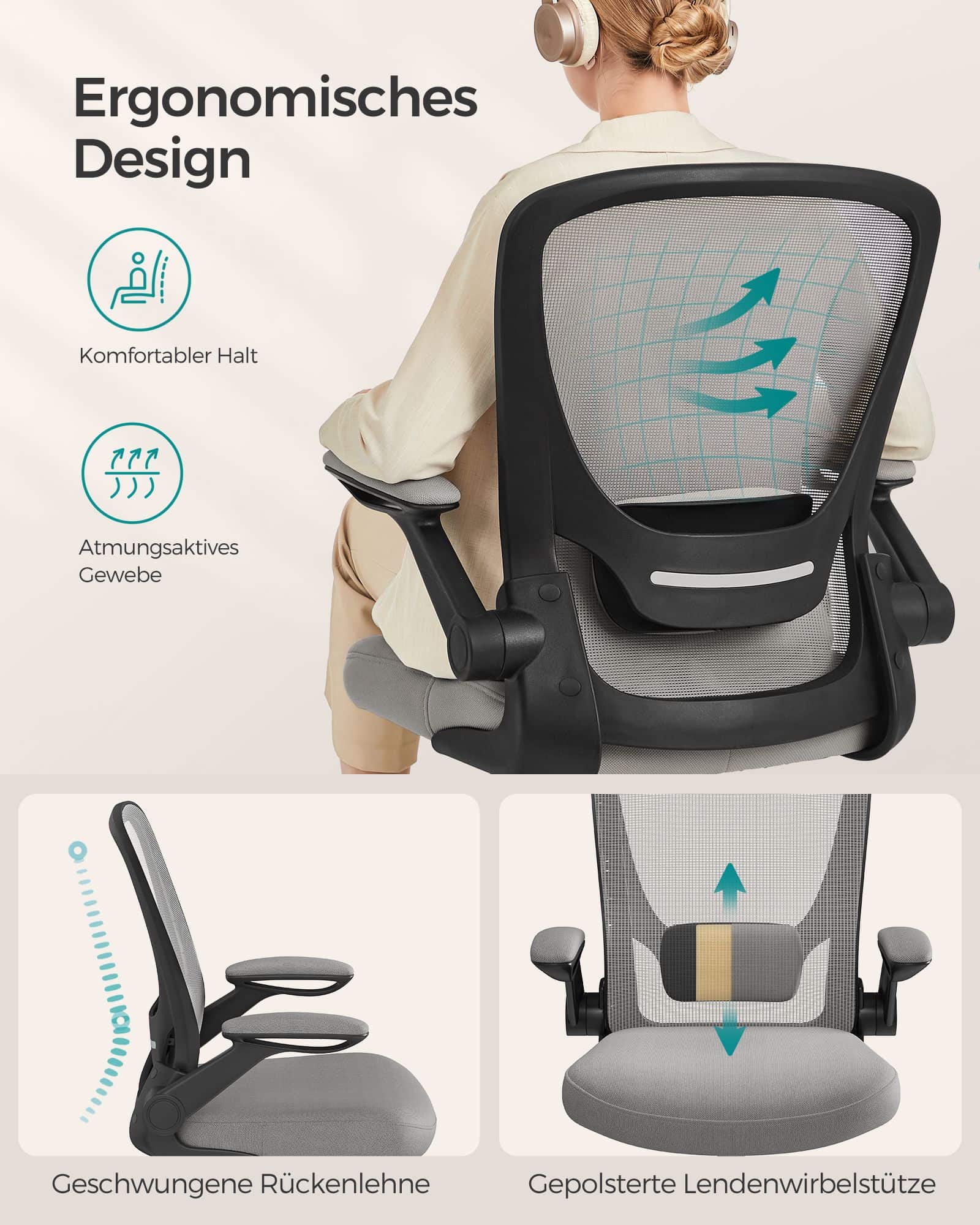 Bürostuhl ergonomisch Wippfunktion Armlehnen taubengrau