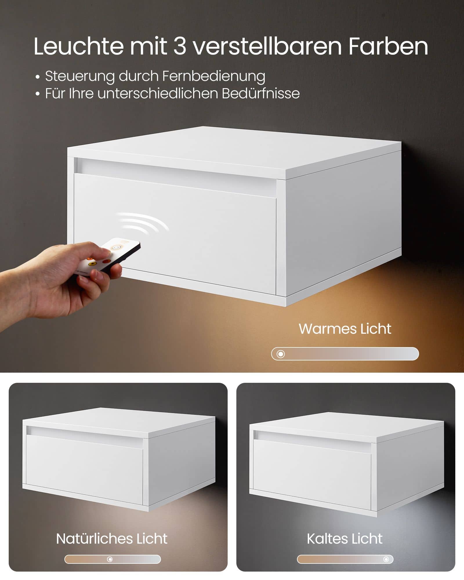 Nachttisch hängend mit Leuchten in 3 Farben wolkenweiß Nachttisch hängend mit Leuchten in 3 Farben wolkenweiß