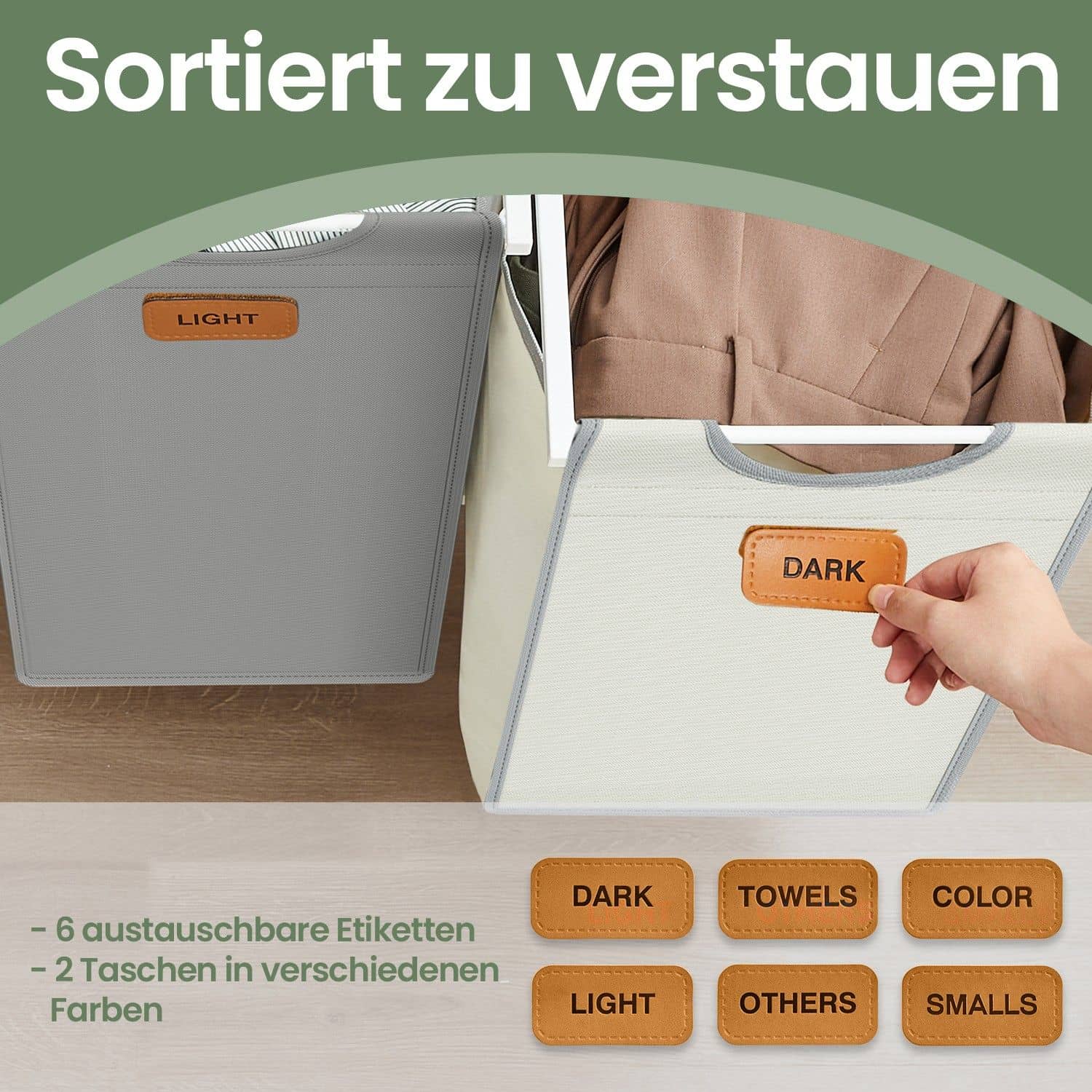 Wäschekorb 2 Fächer, Wäschesammler 100 L, Wäschesortierer