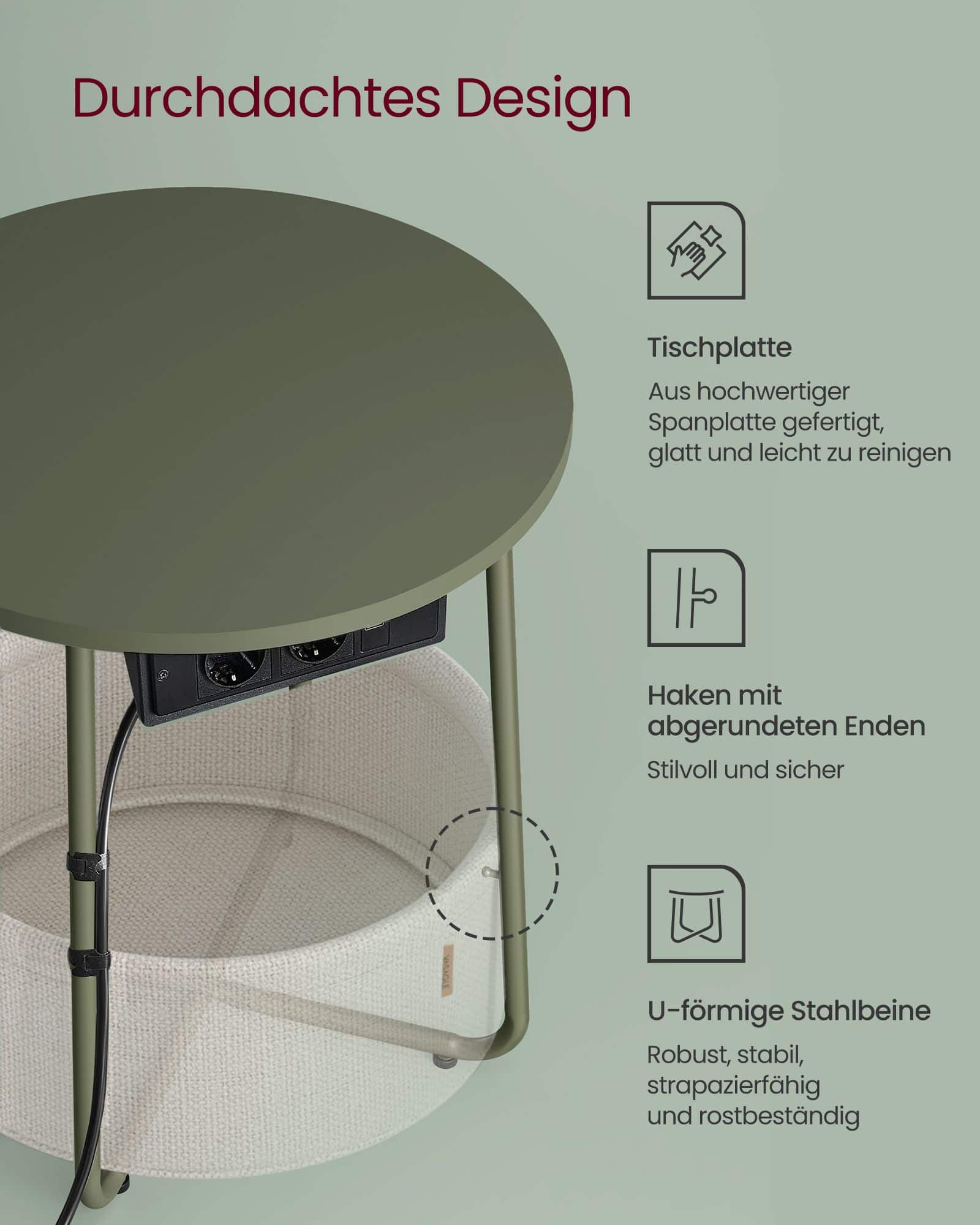 Beistelltisch mit Ladestation und Steckdose waldgrün-cremeweiß Beistelltisch mit Ladestation und Steckdose waldgrün-cremeweiß